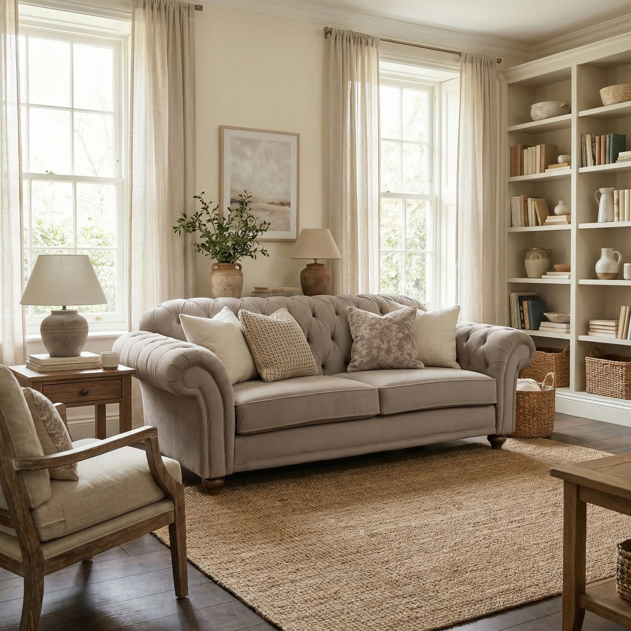 Bright, cozy living room featuring a Chesterfield 2 Seat Velvet Sofa in Mink, an armchair, bookshelves, and large windows with sheer curtains.