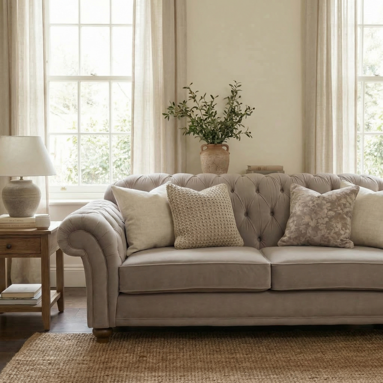 A Chesterfield 2 Seat Velvet Sofa in Mink with throw pillows is placed in a bright living room featuring large windows, curtains, and a side table.