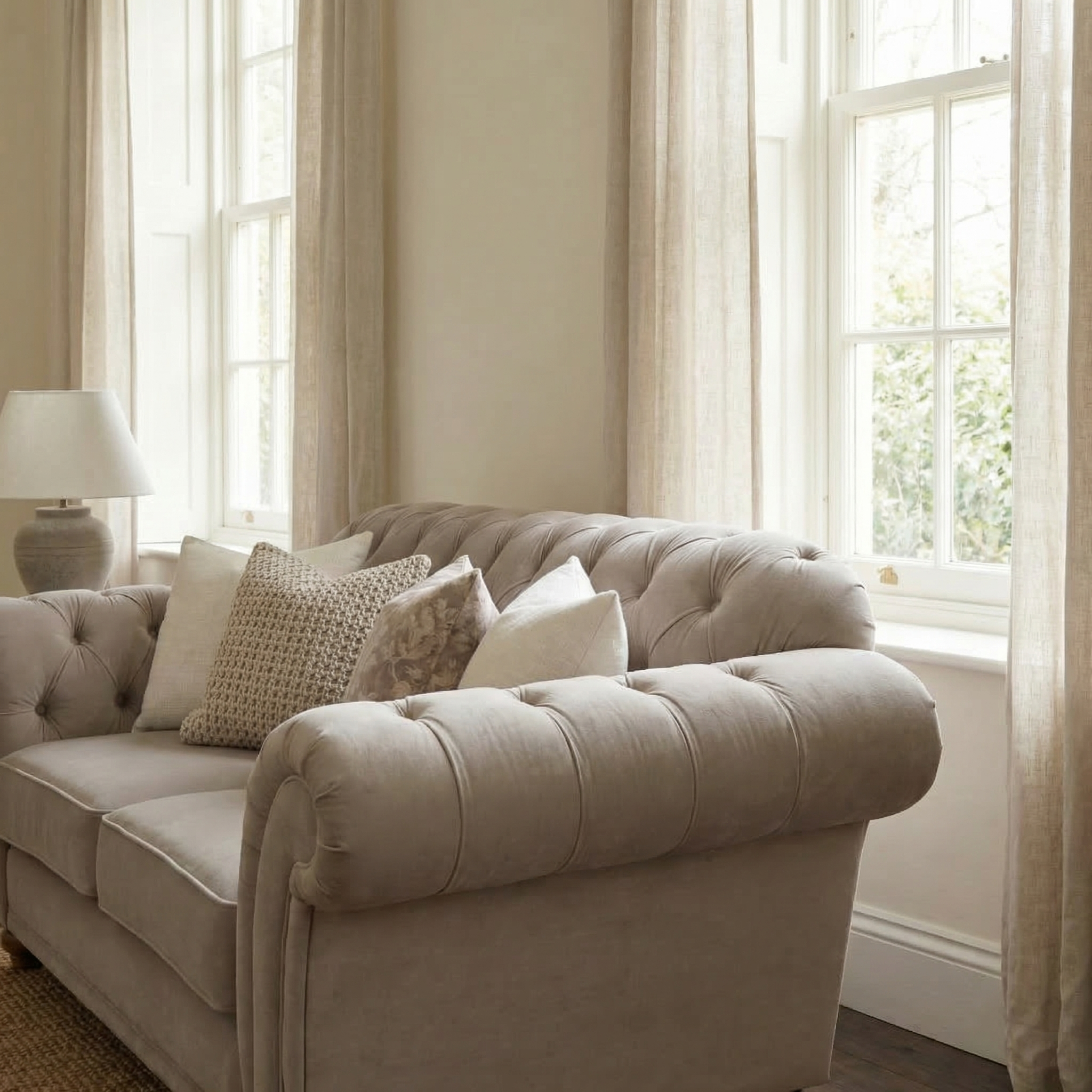 Light-filled living room featuring a Chesterfield 2 Seat Velvet Sofa in Mink, patterned pillows, a lamp, and large windows with curtains.
