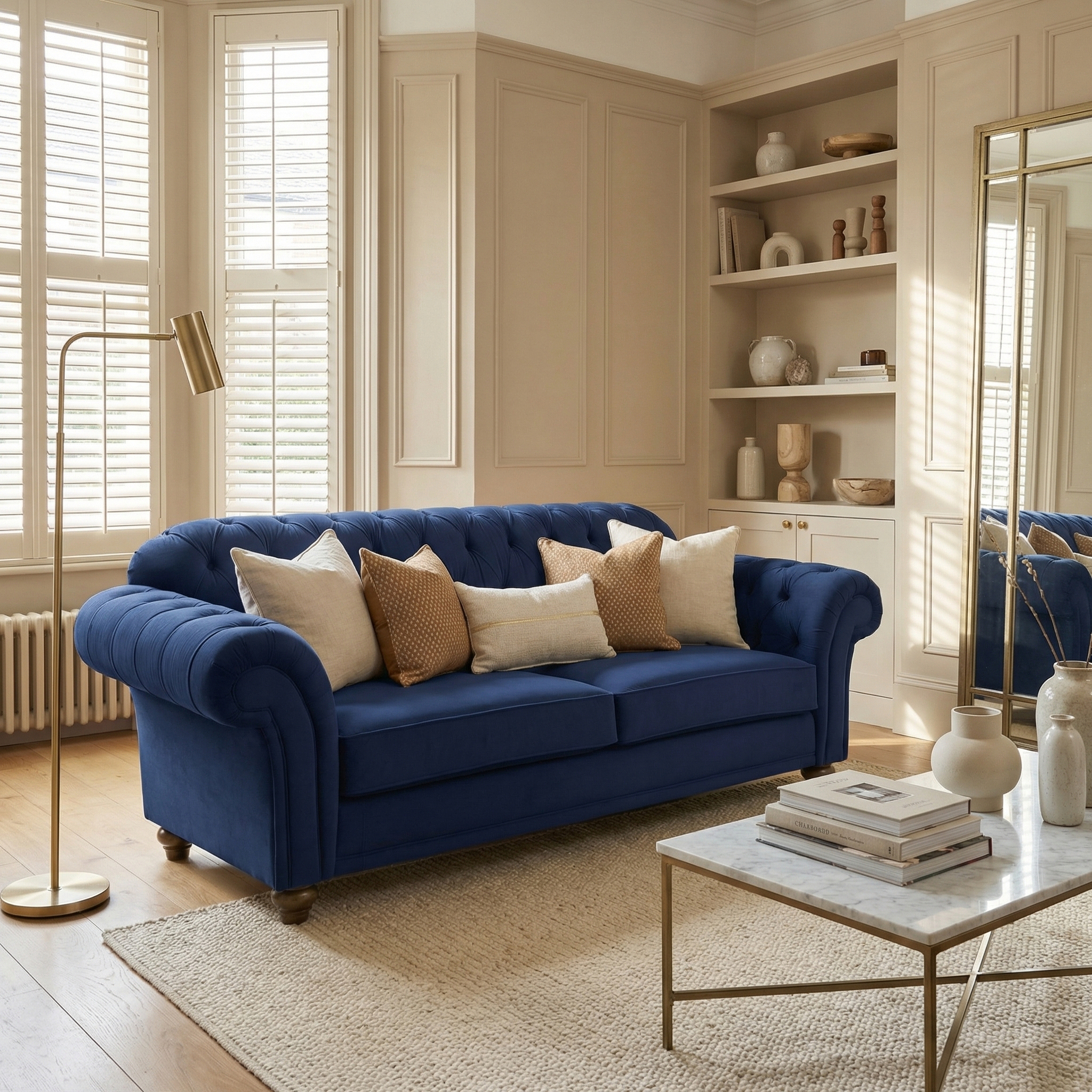 The Chesterfield 2 Seat Velvet Sofa in Royal Blue with neutral pillows is featured in a stylish living room with beige walls and large windows.