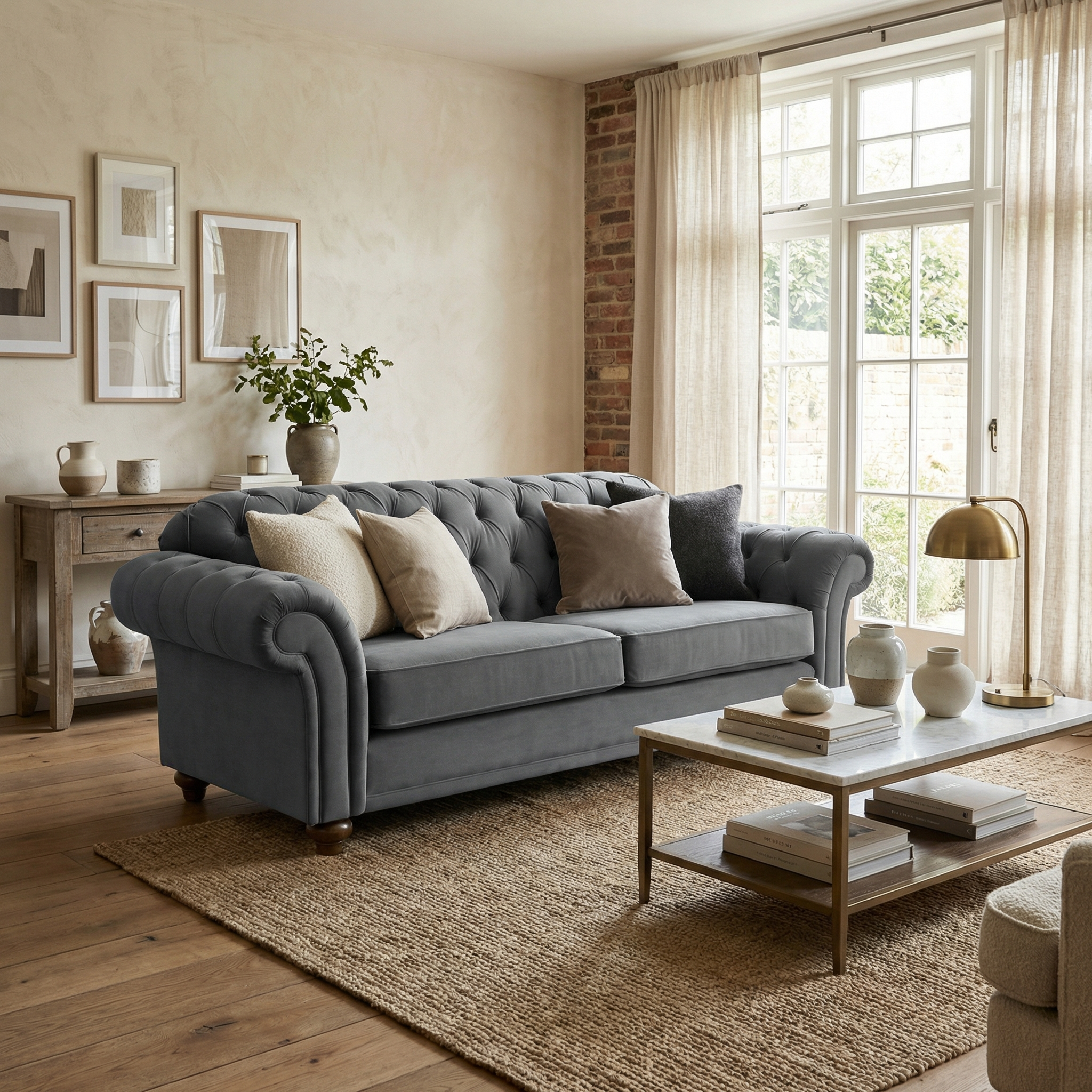 A cozy living room featuring the Chesterfield 2 Seat Velvet Sofa in Steel Grey, a coffee table, wall art, and sunlight streaming through large windows.