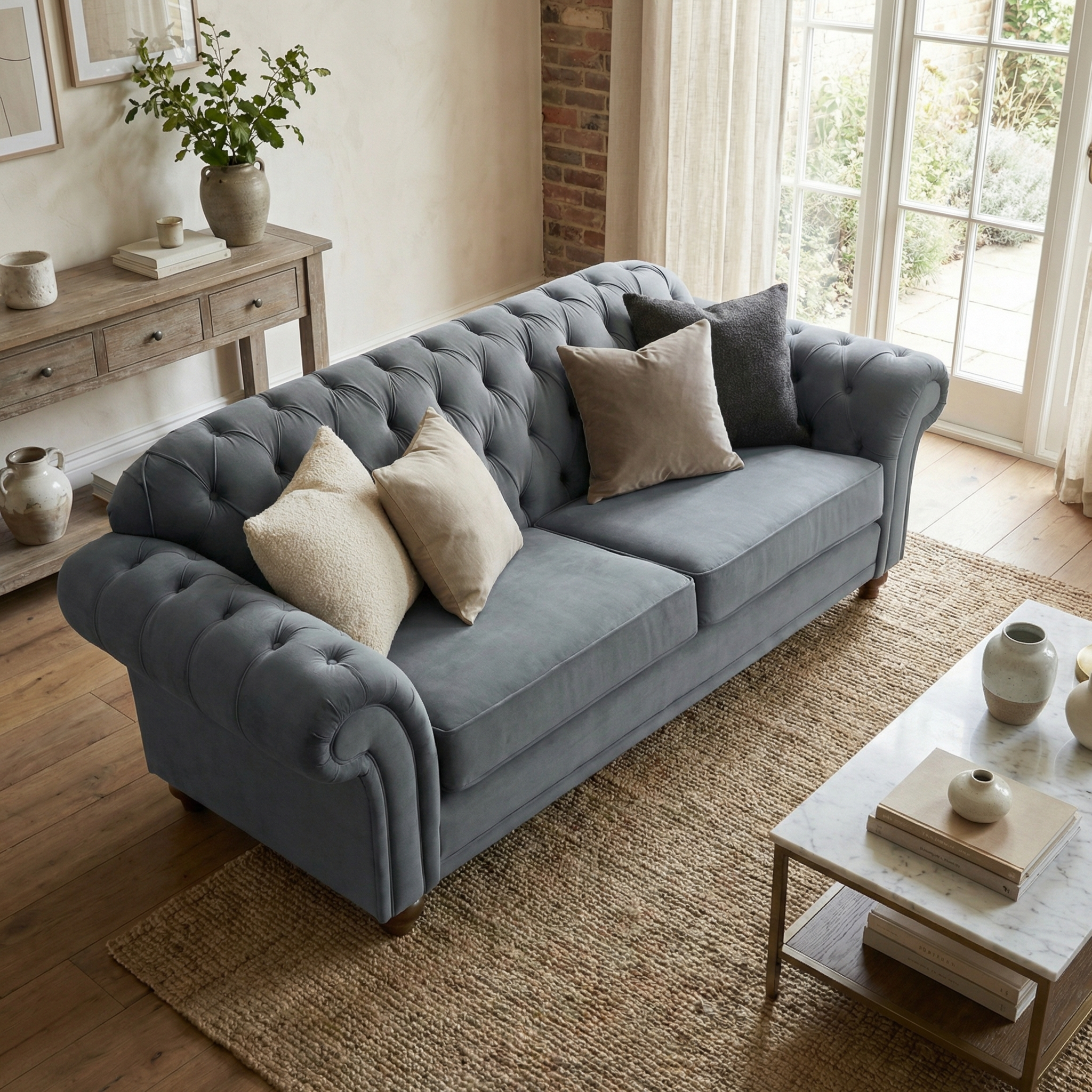 The Chesterfield 2 Seat Velvet Sofa in Steel Grey, adorned with assorted pillows, is featured in a cozy living room filled with natural light and neutral decor.