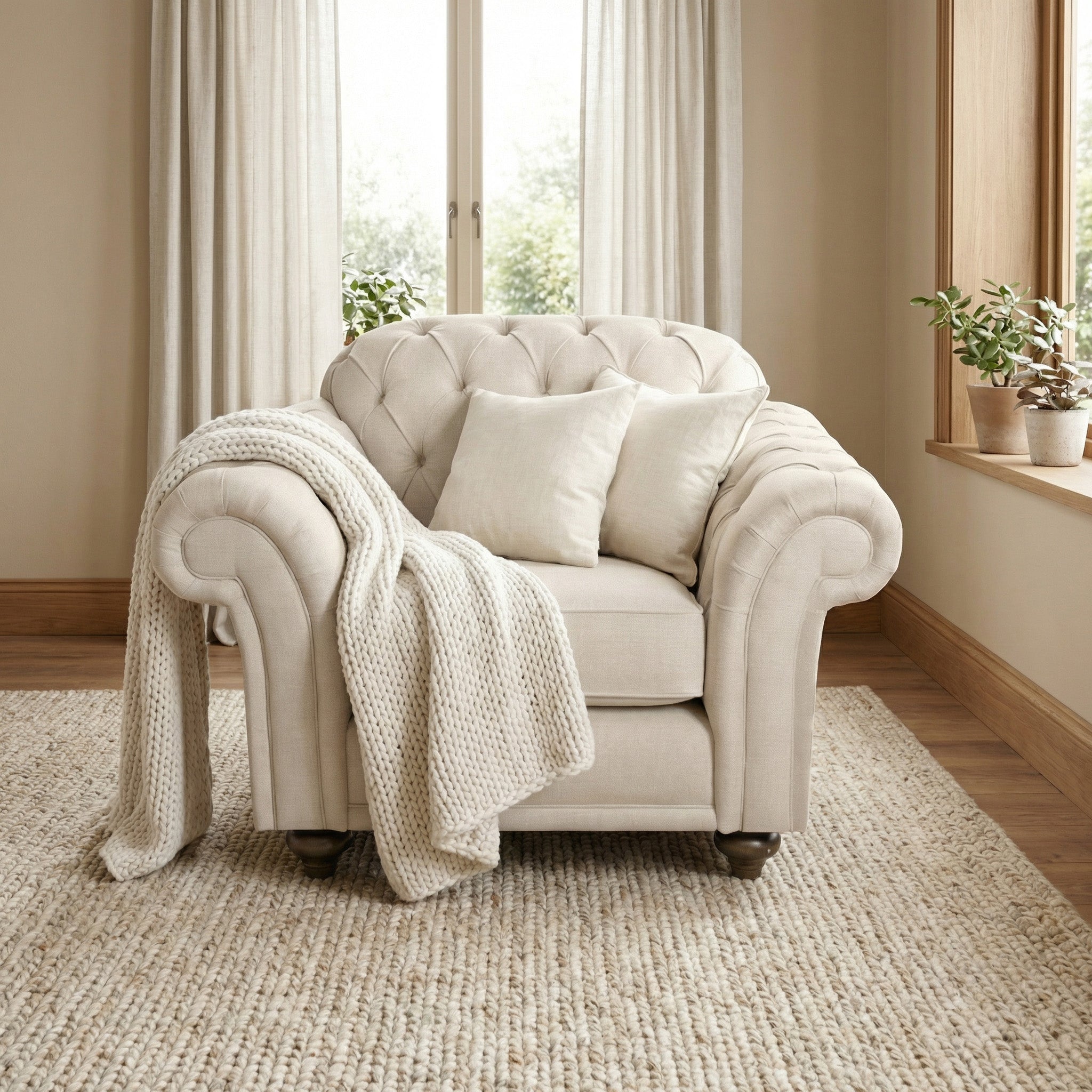 Chesterfield Armchair in Ivory with cushions and a knit blanket sits in a bright room featuring large windows and light curtains.