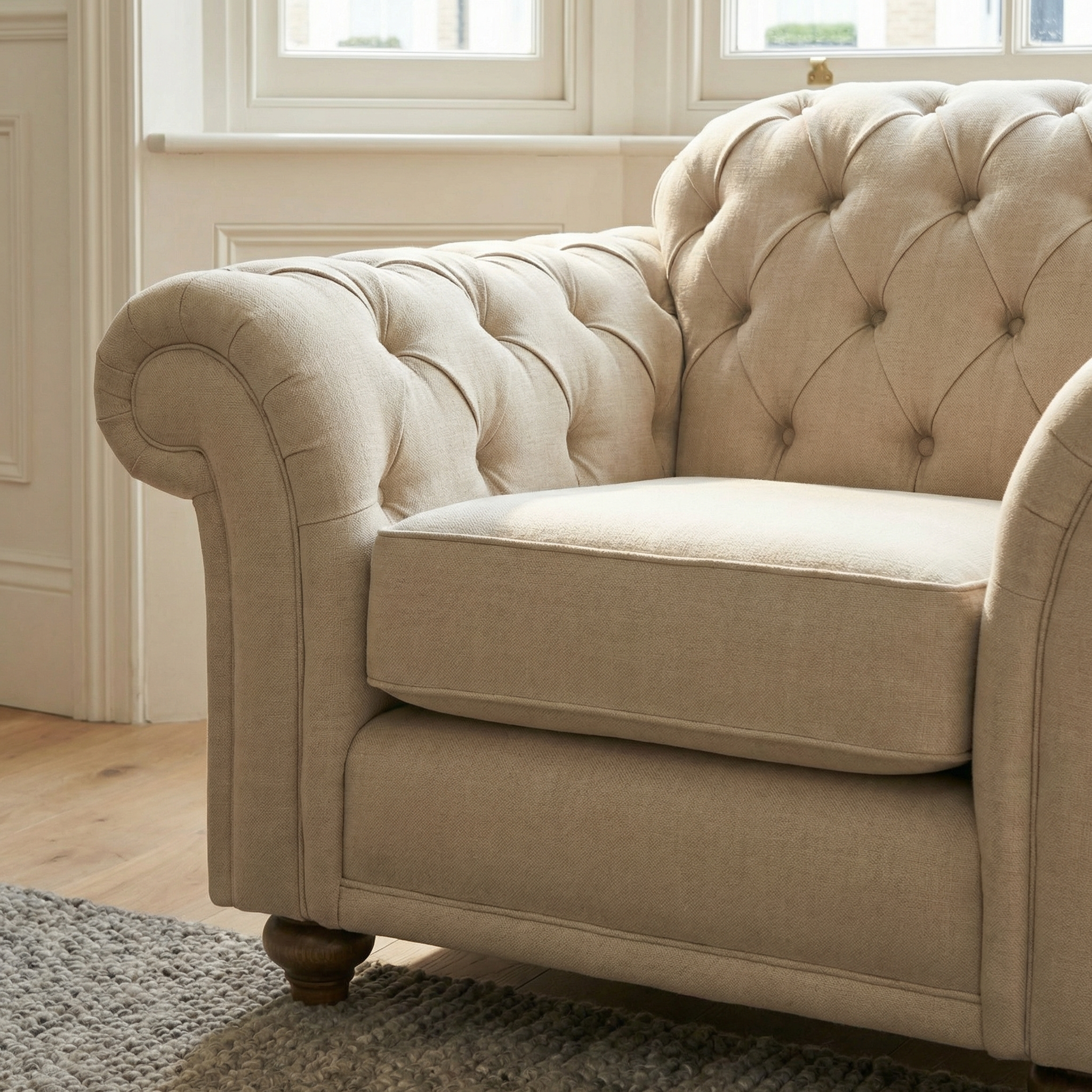 A Chesterfield Armchair in Beige, handcrafted in England with traditional British techniques, sits on a hardwood floor near a window.