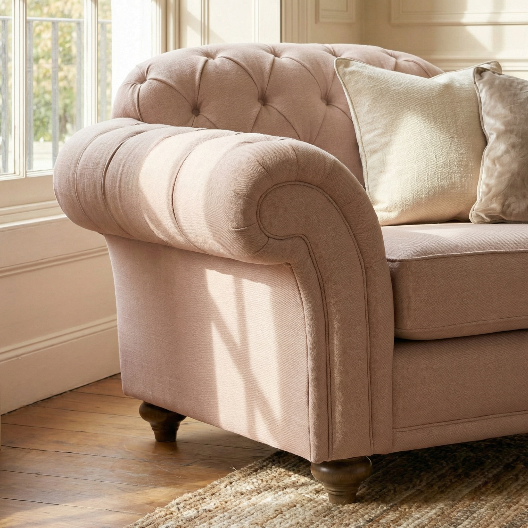 A close-up of the Chesterfield Armchair in Dusky Pink, highlighting its beautifully handmade armrest and cushions crafted in England.