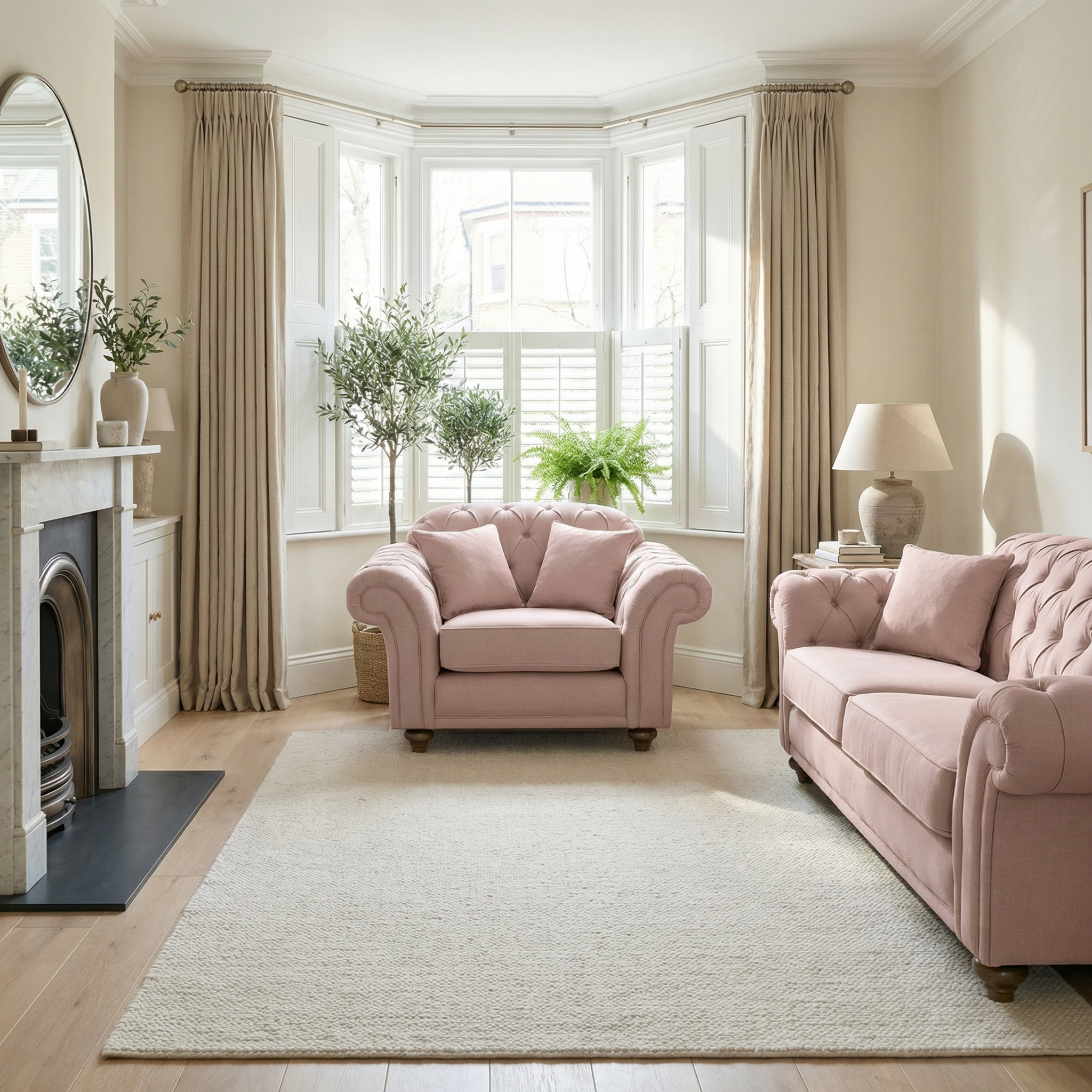Bright living room with a Chesterfield Armchair in Dusky Pink, pink sofas, a white rug, large windows, plants, and neutral decor.