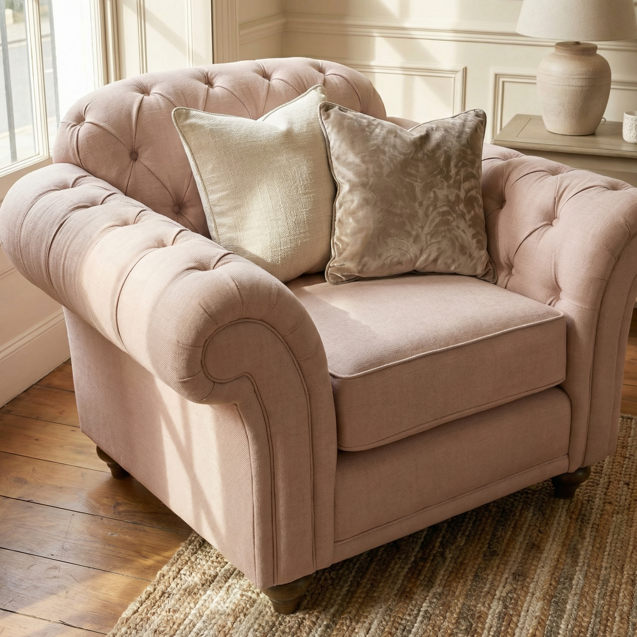 The Chesterfield Armchair in Dusky Pink, featuring tufted detailing and two decorative pillows, handmade in England, is placed on a woven rug in a sunlit room.