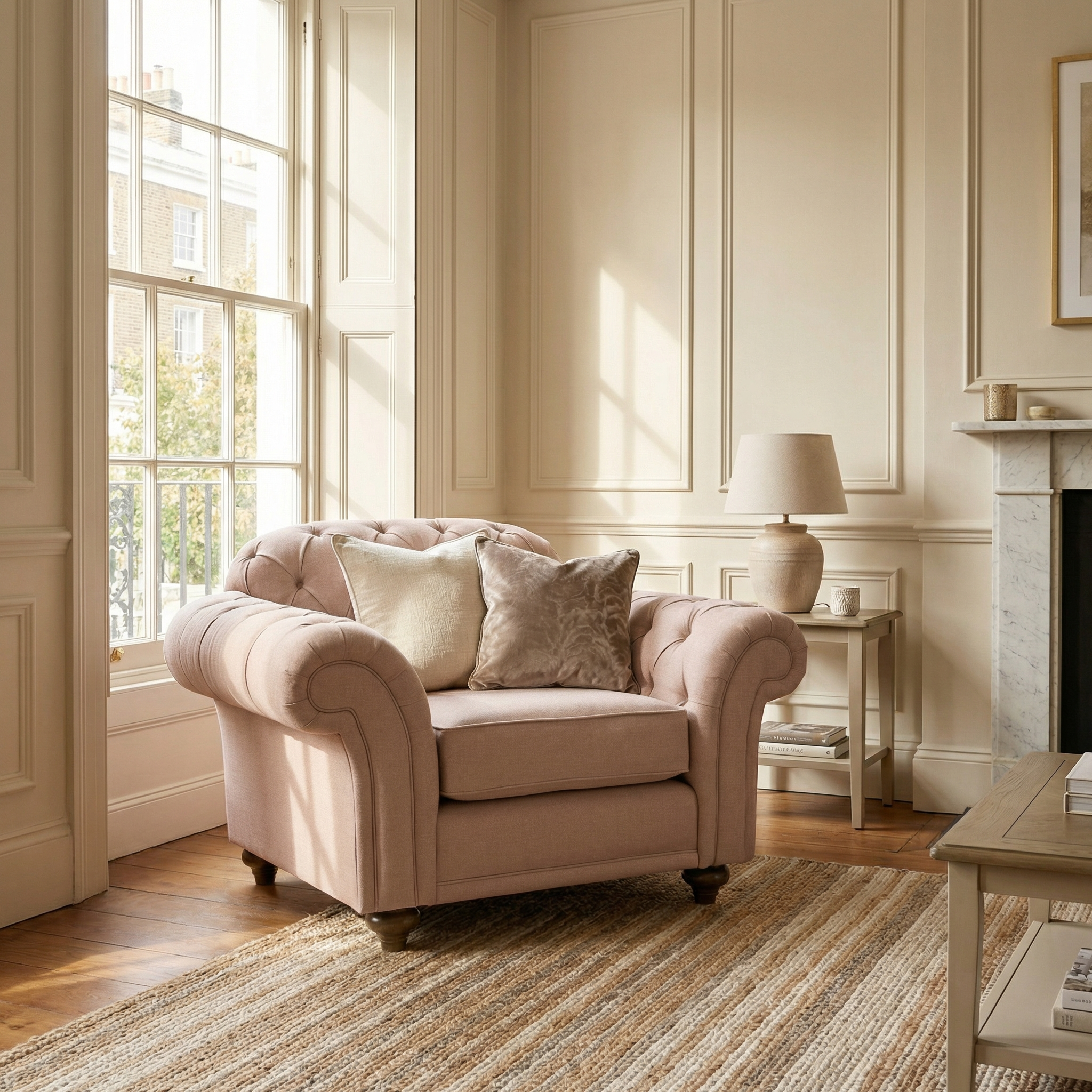A Chesterfield Armchair in Dusky Pink with cushions sits by a sunlit window in a cozy, elegant living room with neutral decor.