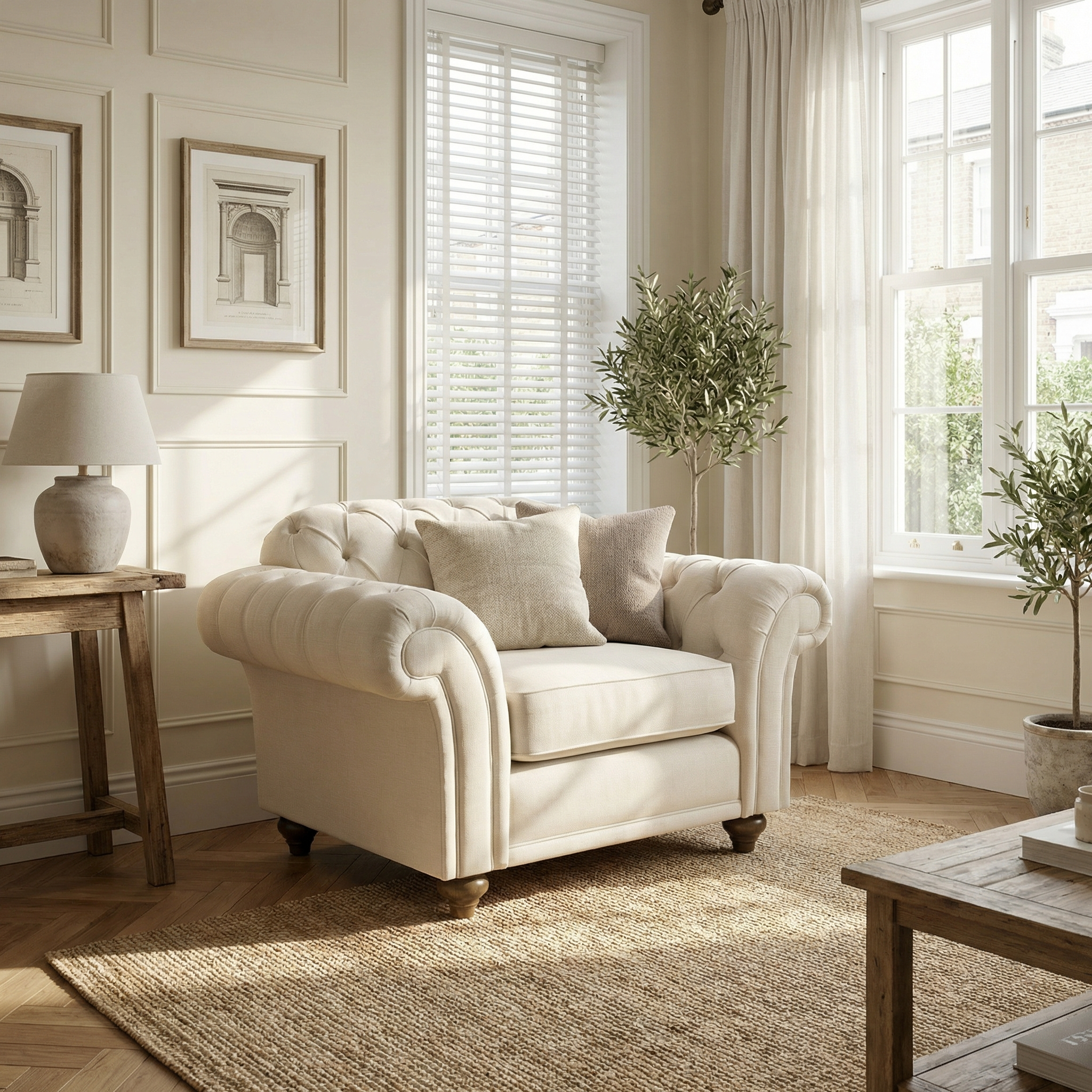The Chesterfield Armchair in Ivory, paired with pillows, sits in a sunlit living room near windows, plants, and wooden furniture to create a cozy retreat.