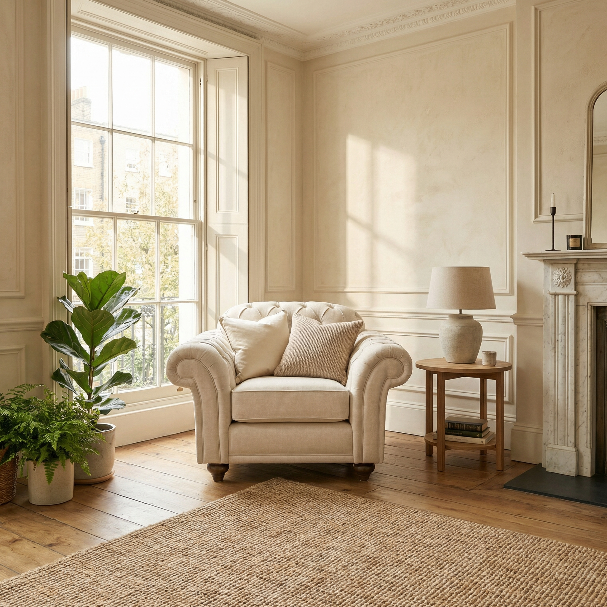 The Chesterfield Armchair in Ivory sits by a large window in a bright living room, surrounded by plants, a side table, and a lamp.