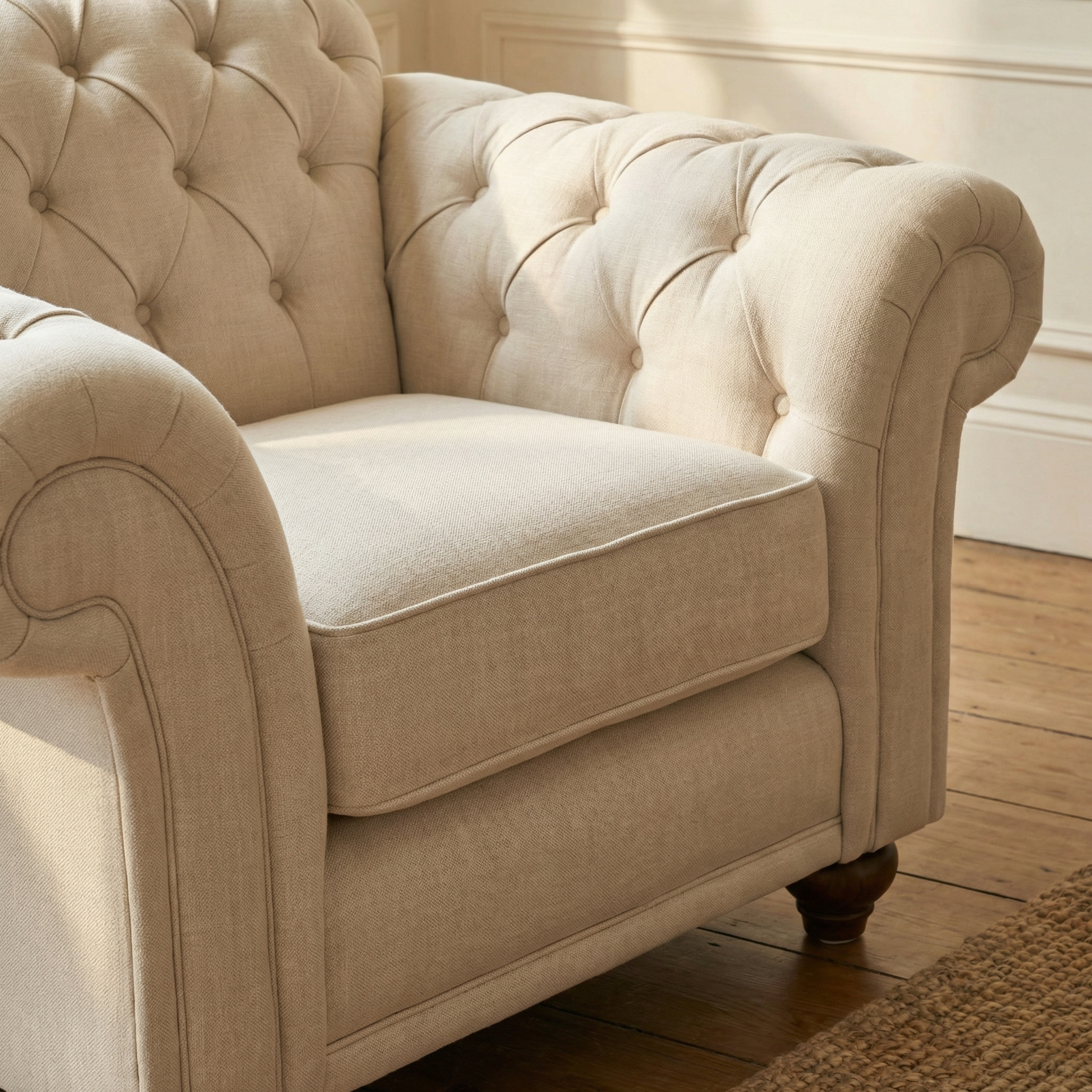 A Chesterfield Armchair in Ivory with rolled arms and tufted details rests on a wooden floor in a bright, sunlit room.
