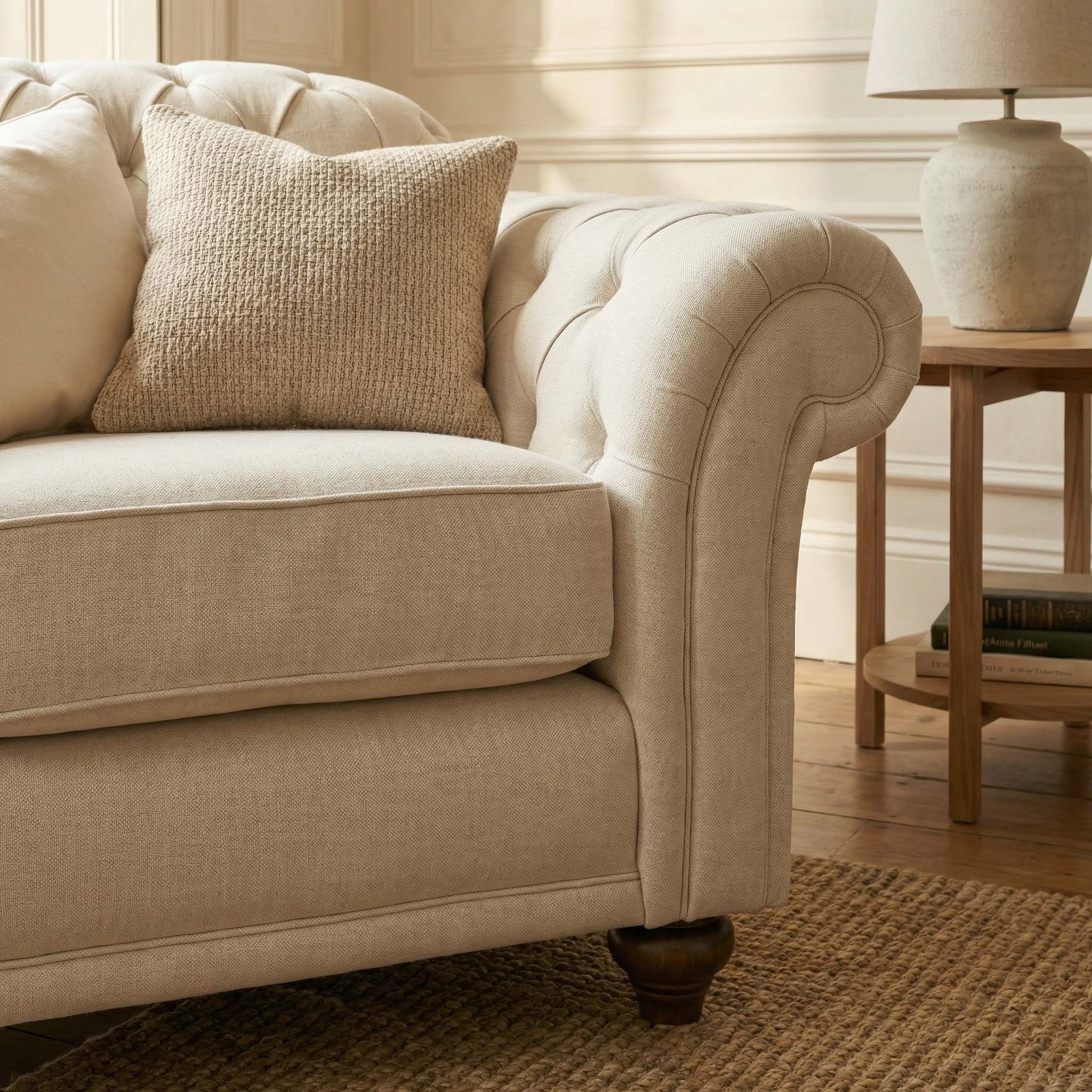 Beige tufted sofa with textured cushion beside a wooden side table and lamp on a woven rug, perfectly paired with the elegant Chesterfield Armchair in Ivory.