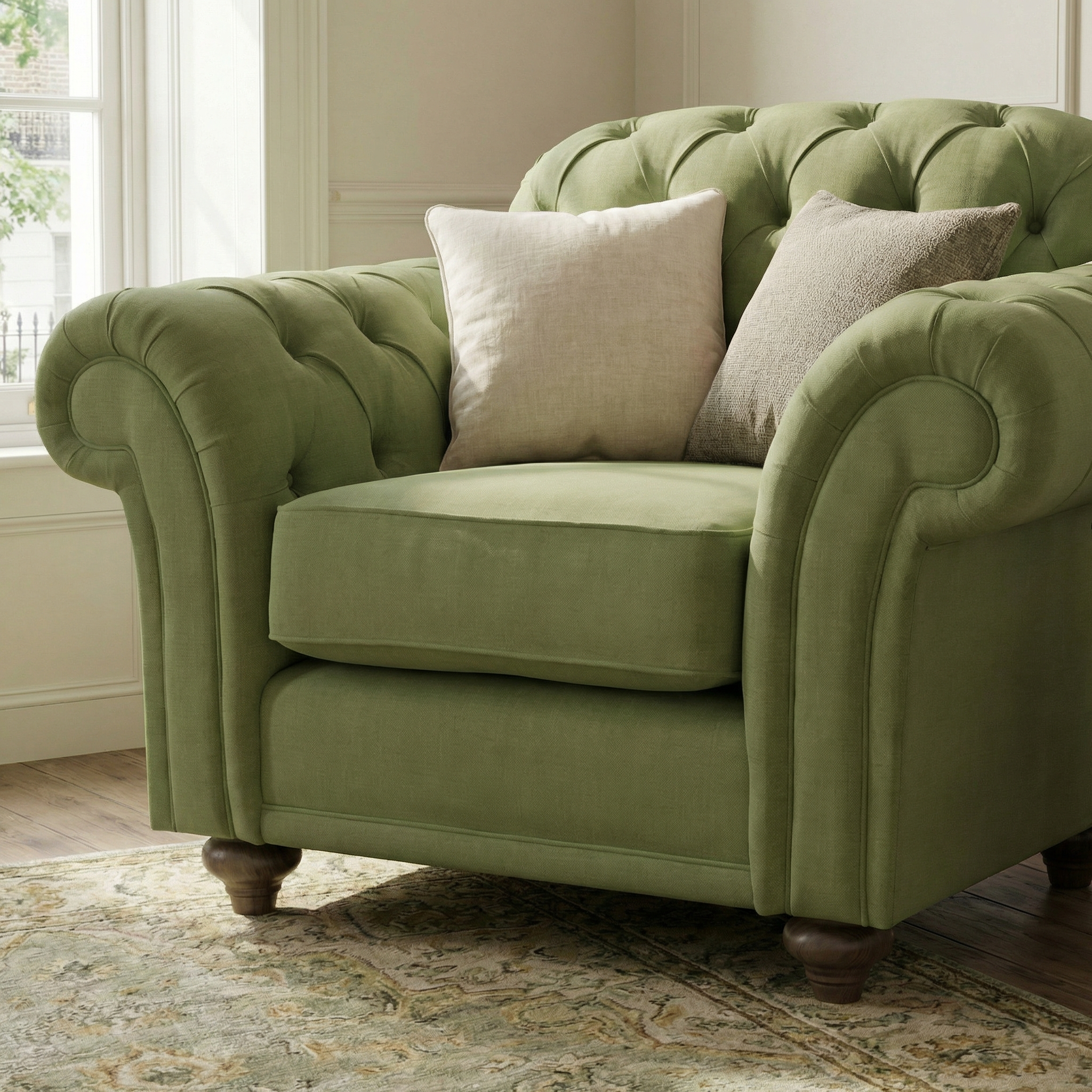 The Chesterfield Armchair in Olive, handcrafted in England with a green tufted design and two throw pillows, sits by a window on a patterned rug.