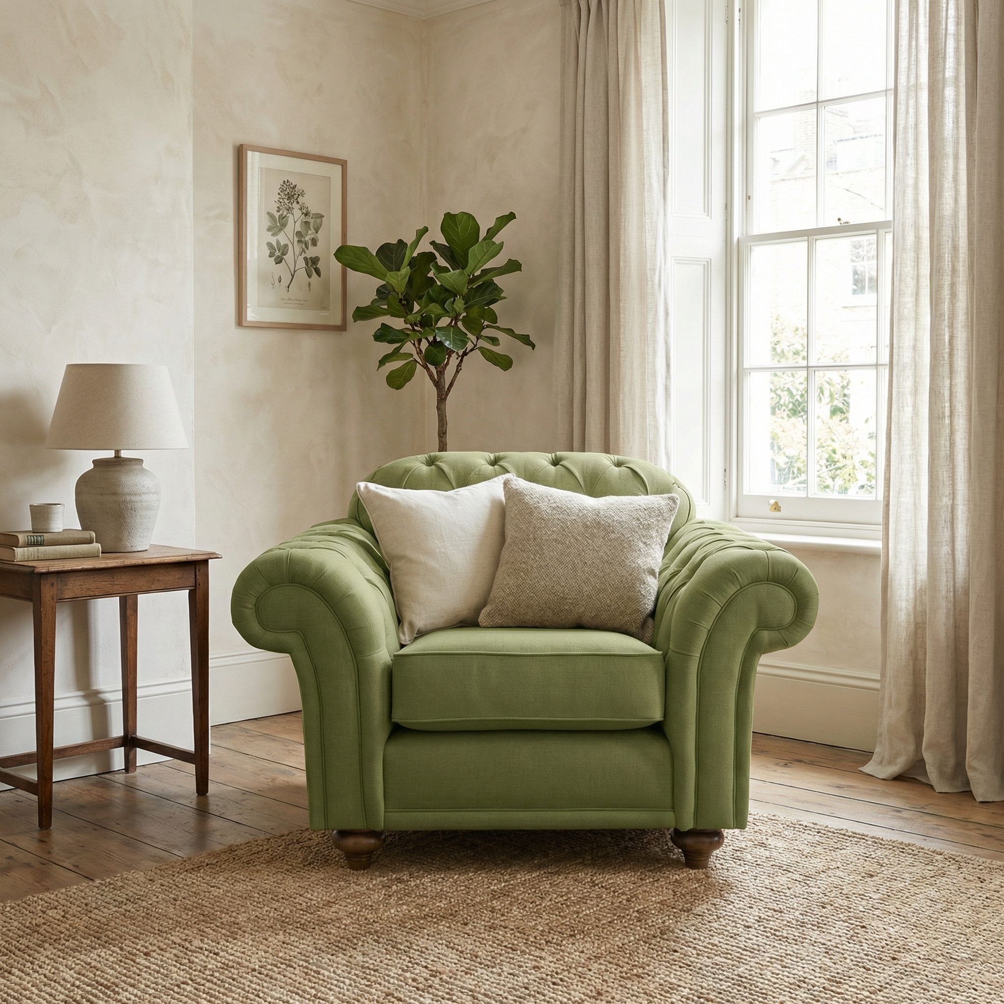 A Chesterfield Armchair in Olive, featuring classic British design and handcrafted in England, rests comfortably in a sunlit living room next to a window, a plant, and a side table.