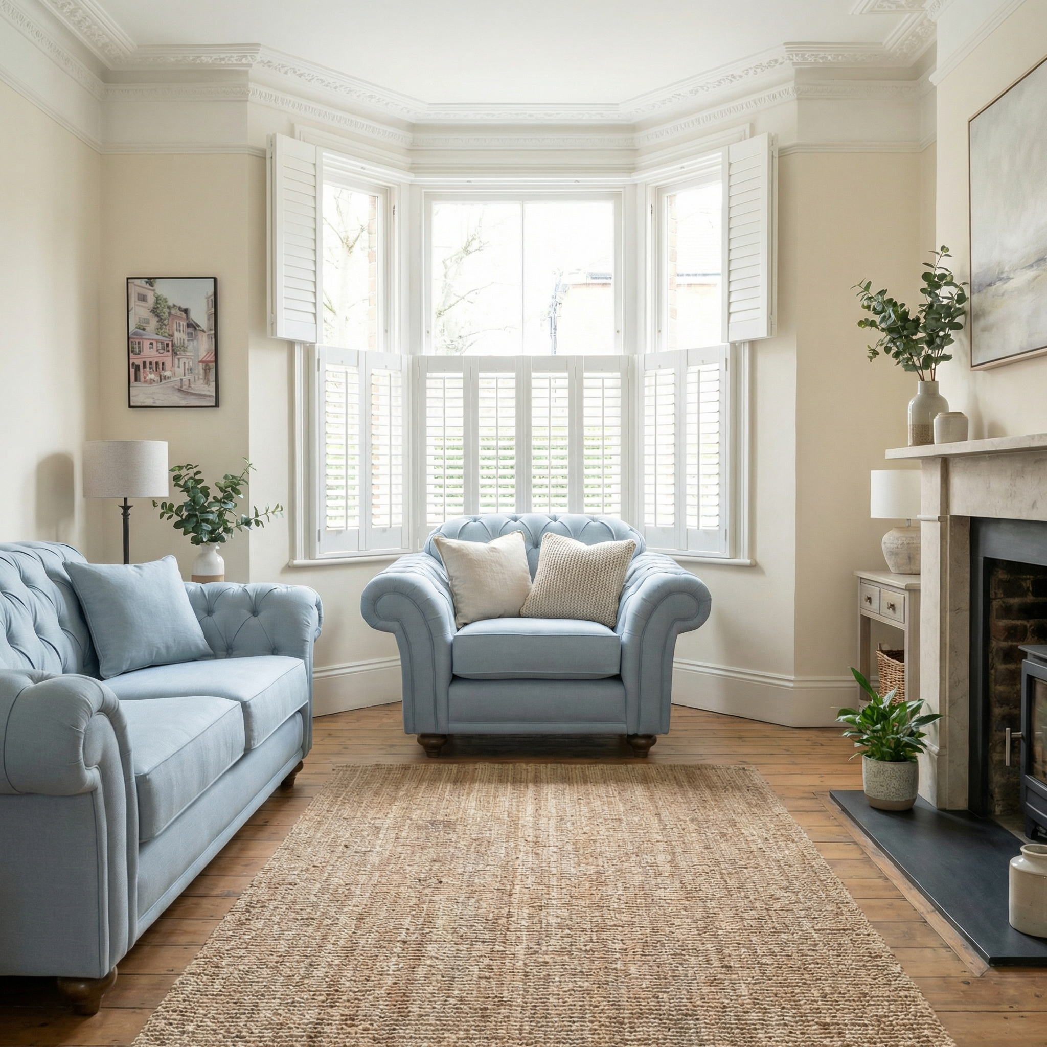 Light-filled living room with blue sofas, a jute rug, bay window with white shutters, complemented by a handcrafted Chesterfield Armchair in Sky Blue.