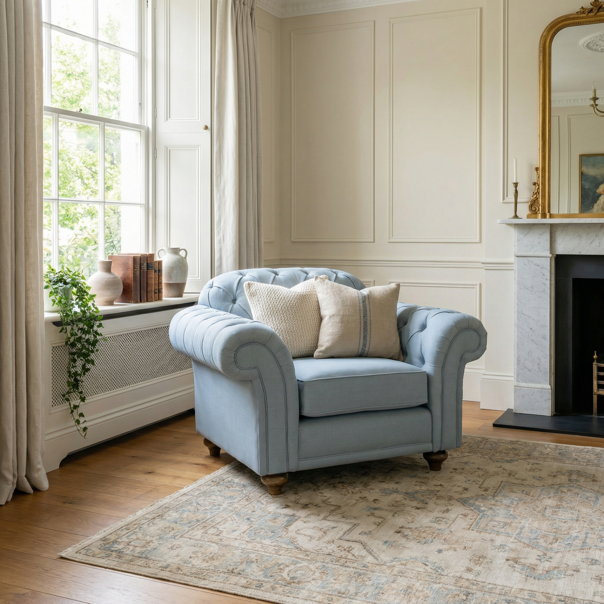 The Chesterfield Armchair in Sky Blue with plush cushions sits by a window, adding comfort and elegance to a bright living room.