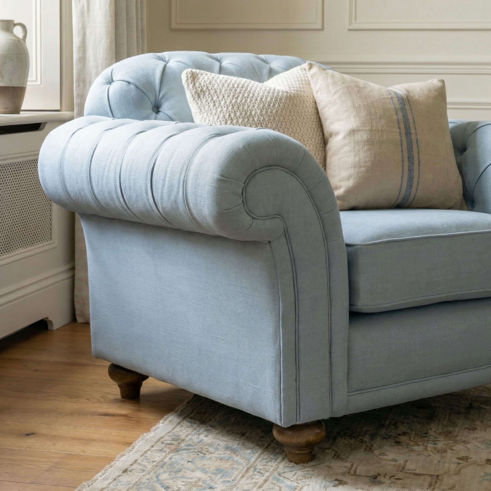 A light blue tufted sofa with two beige throw pillows sits beside a Chesterfield Armchair in Sky Blue in a cozy, sunlit living room with wooden floors.