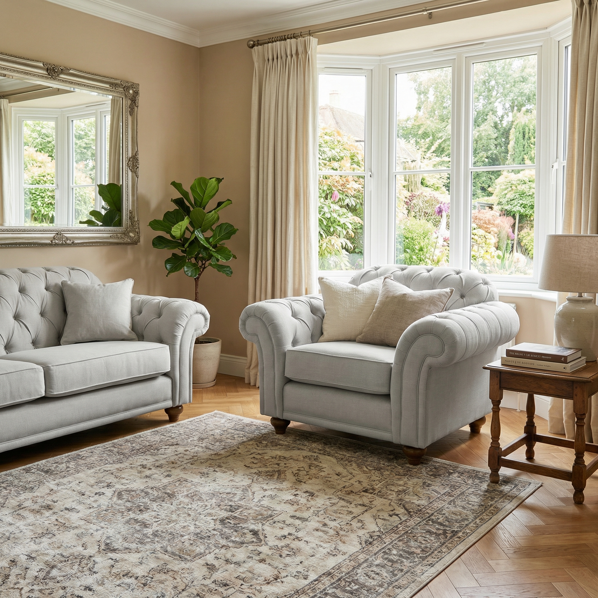 Bright living room with light sofas, a Chesterfield Armchair in Warm Grey, a large window, patterned rug, potted plant, and side table—showcasing the comfort and style of handcrafted British furniture.