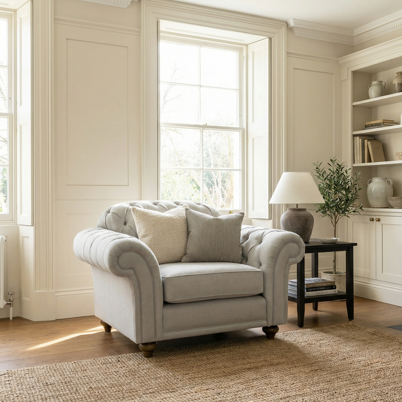 A Chesterfield Armchair in Warm Grey with cushions is placed by a window in a bright, elegant living room with neutral decor.