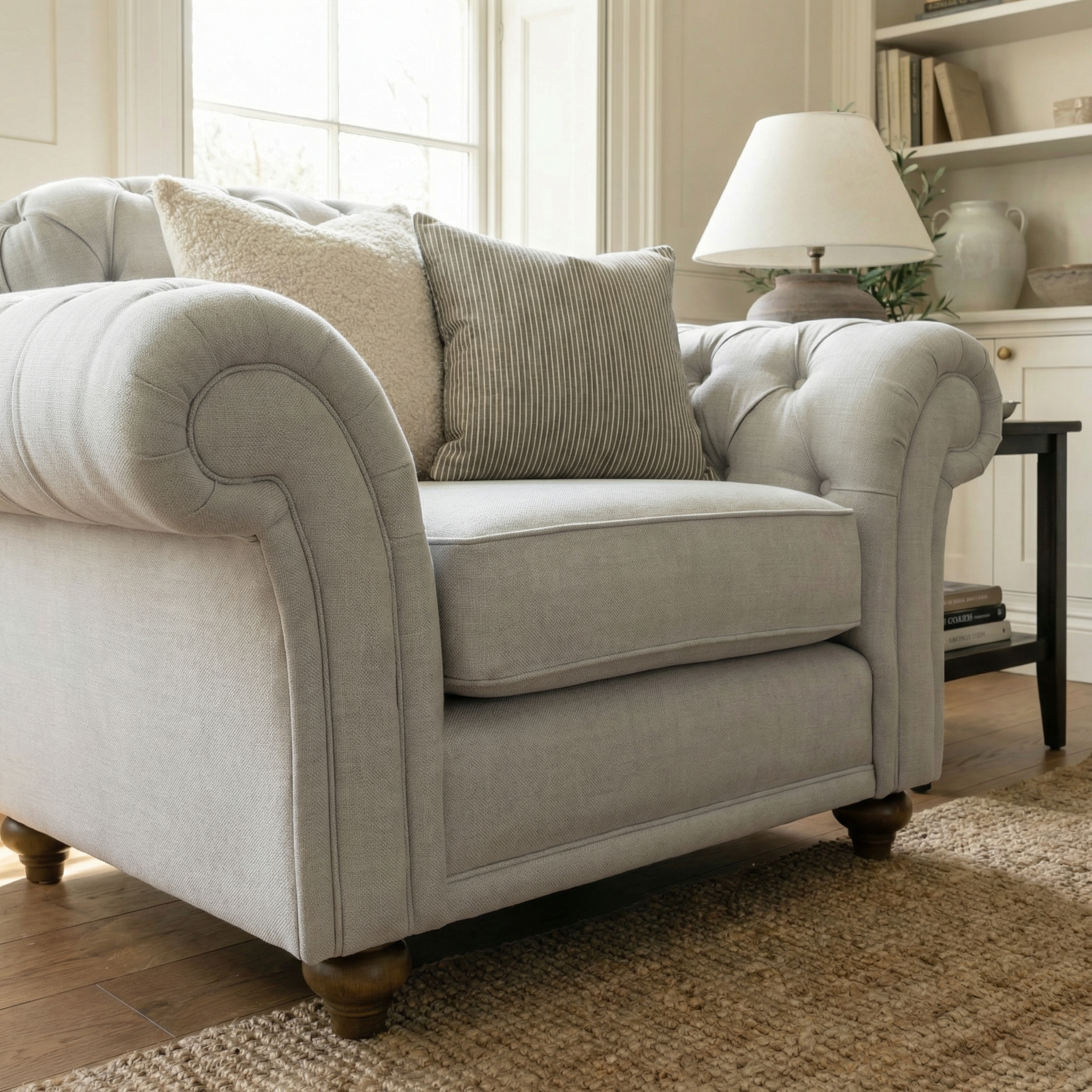 The Chesterfield Armchair in Warm Grey, paired with two pillows and set beside a lamp on a side table, brings charm to a cozy, sunlit living room—a classic piece of handcrafted British furniture.