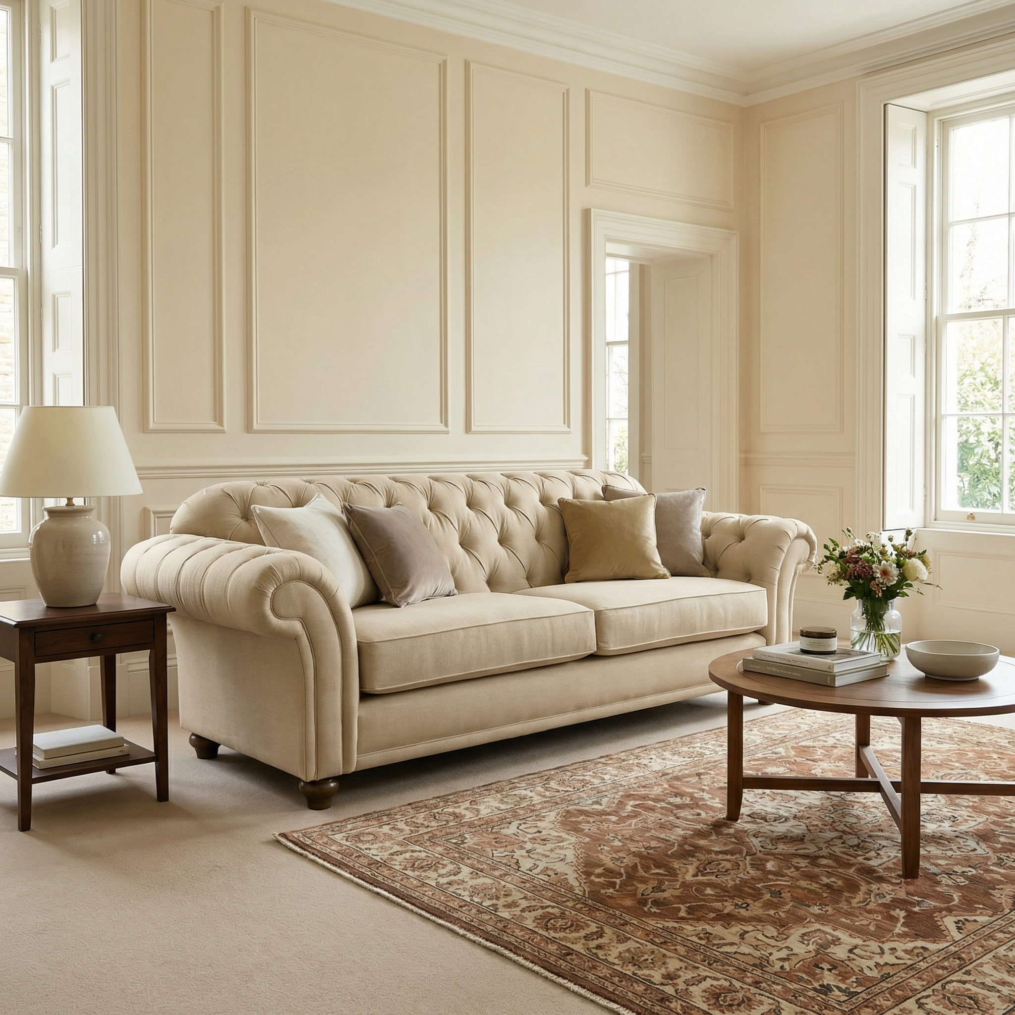 Elegant living room with a hand-finished Chesterfield 3 Seat Sofa in Beige, side table, coffee table, lamp, and a patterned rug in natural light—perfectly blending style with sustainably sourced furniture.