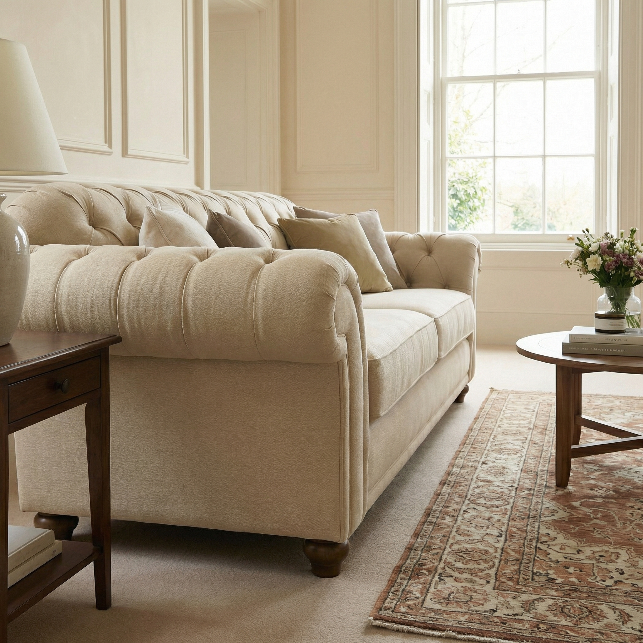 The Chesterfield 3 Seat Sofa in Beige sits in a bright living room with a large window, side table, and floral display. Crafted from sustainably sourced wood with hand-finished details for timeless elegance.