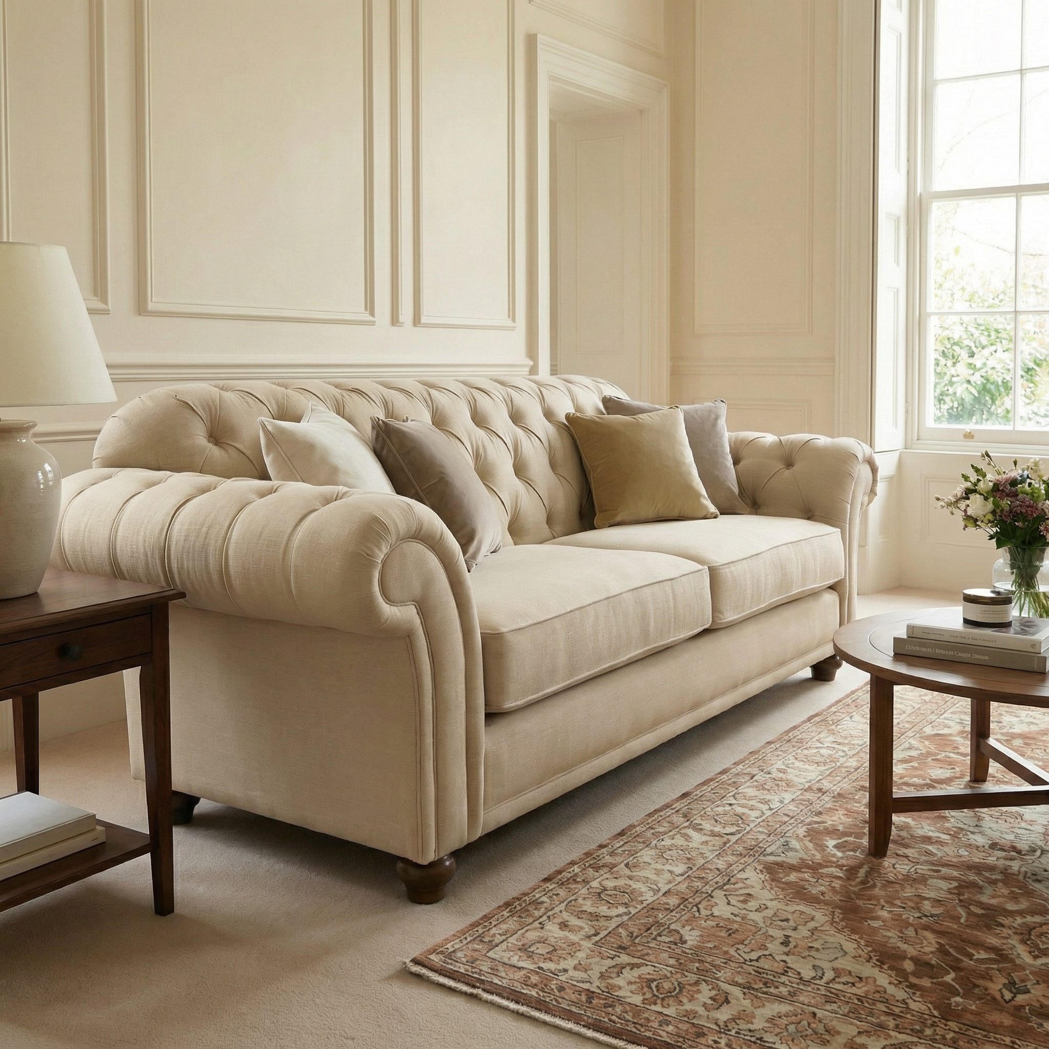 A Chesterfield 3 Seat Sofa in Beige with hand-finished details sits on a patterned rug in a sunlit room, crafted from sustainably sourced wood.