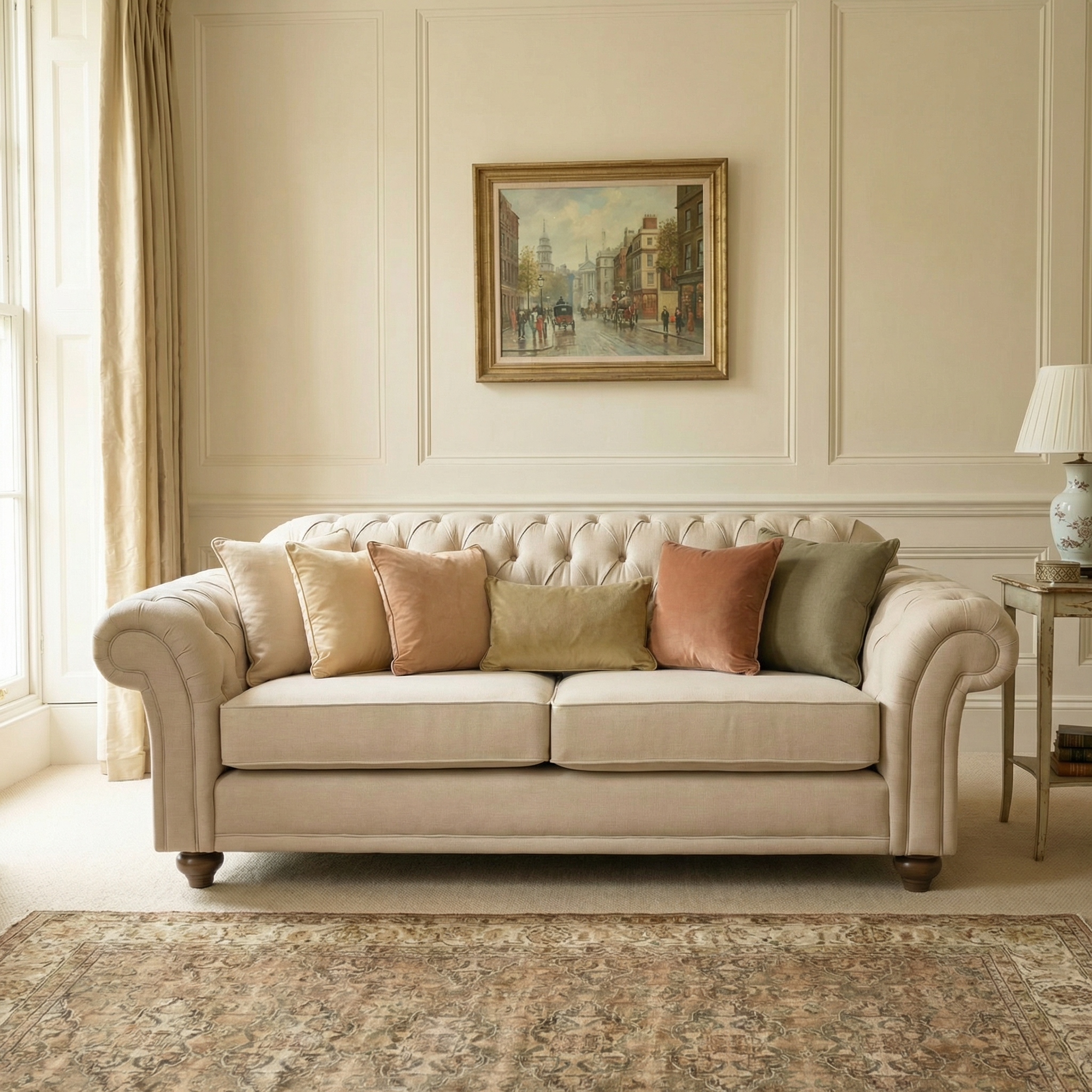 Beige Chesterfield 3 Seat Sofa with assorted cushions, hand-finished details, a rug, and a framed city painting on a cream paneled wall.
