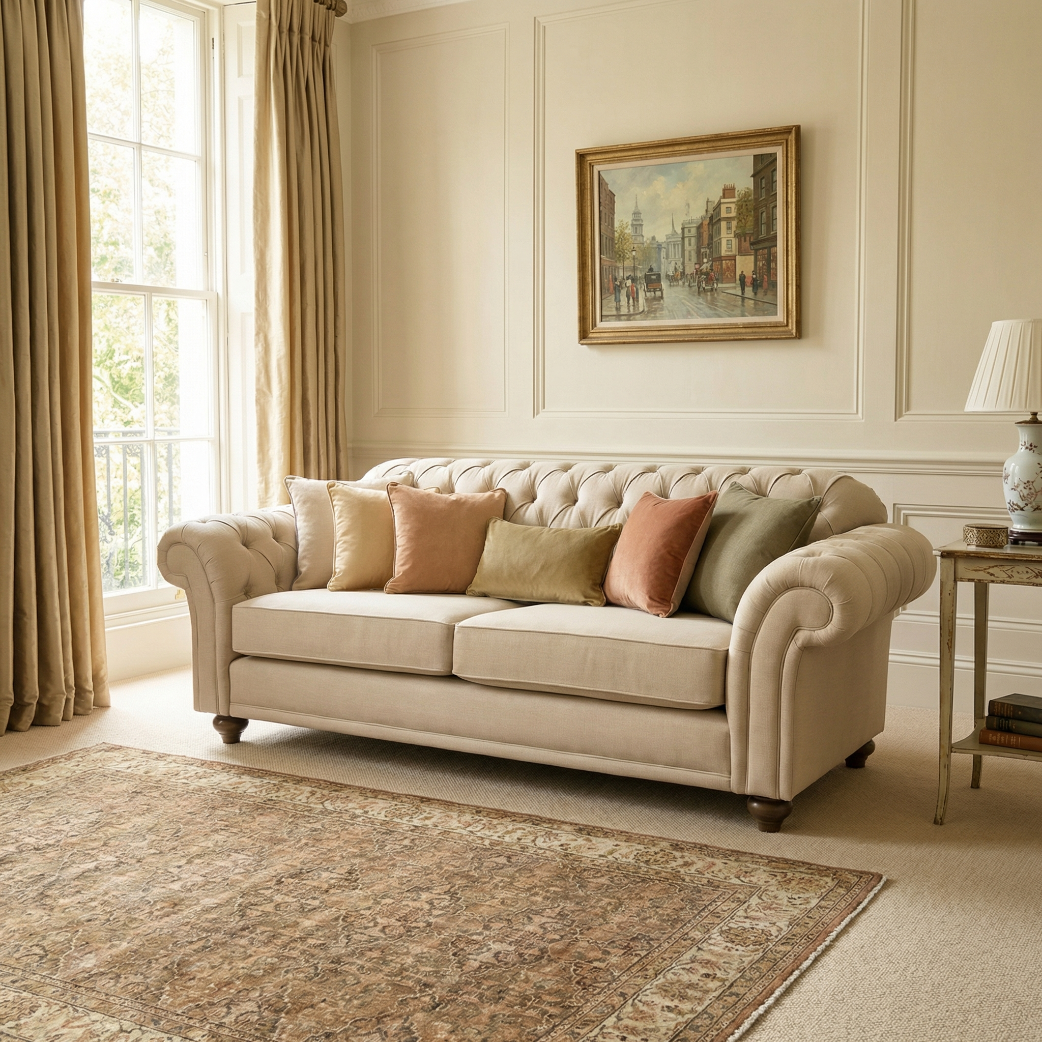 A Chesterfield 3 Seat Sofa in Beige with colorful cushions sits in an elegant living room with hand-finished details, a painting, side table, and large window.