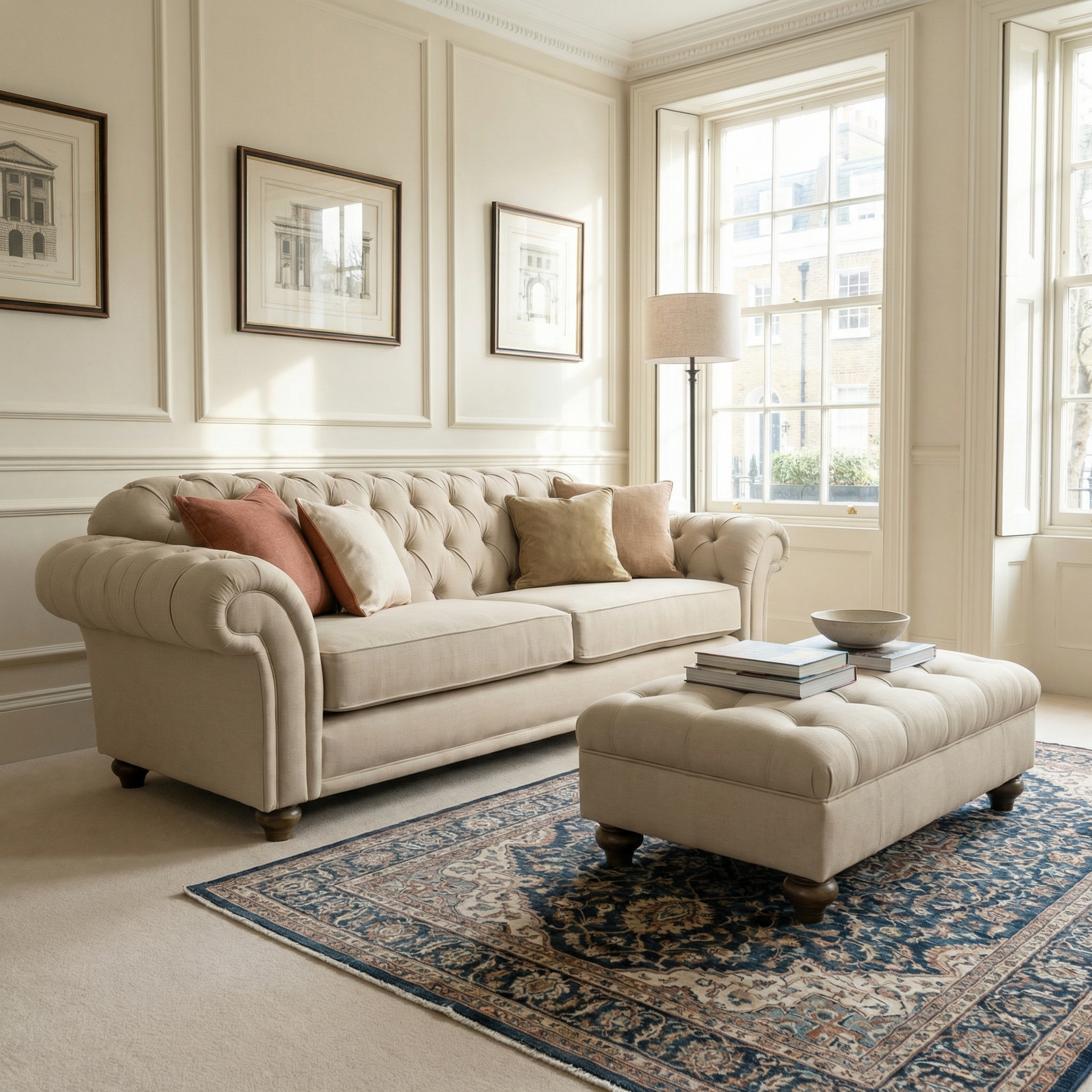 Elegant living room with the Chesterfield 3 Seat Sofa in Beige, hand-finished details, ottoman, rug, pillows, framed art, and a large sunny window. Sustainably sourced wood adds timeless charm to the space.