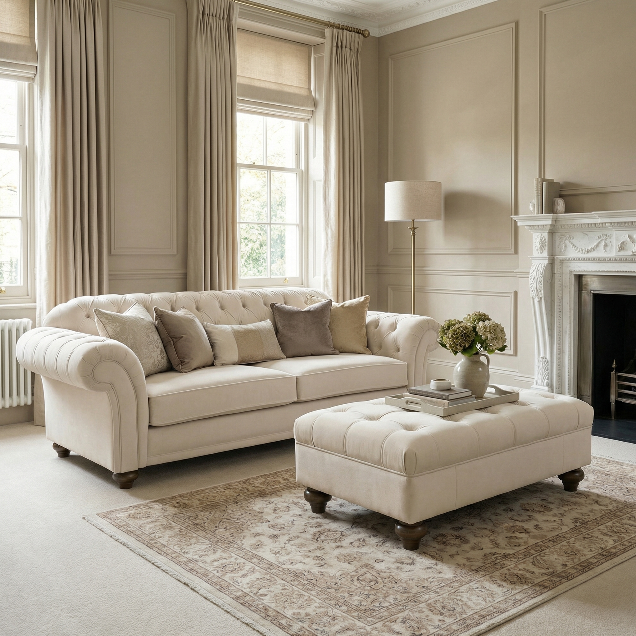 Elegant living room featuring the Chesterfield 3 Seat Velvet Sofa in Cream, a matching ottoman, cozy rug, and fireplace, all bathed in soft natural light.