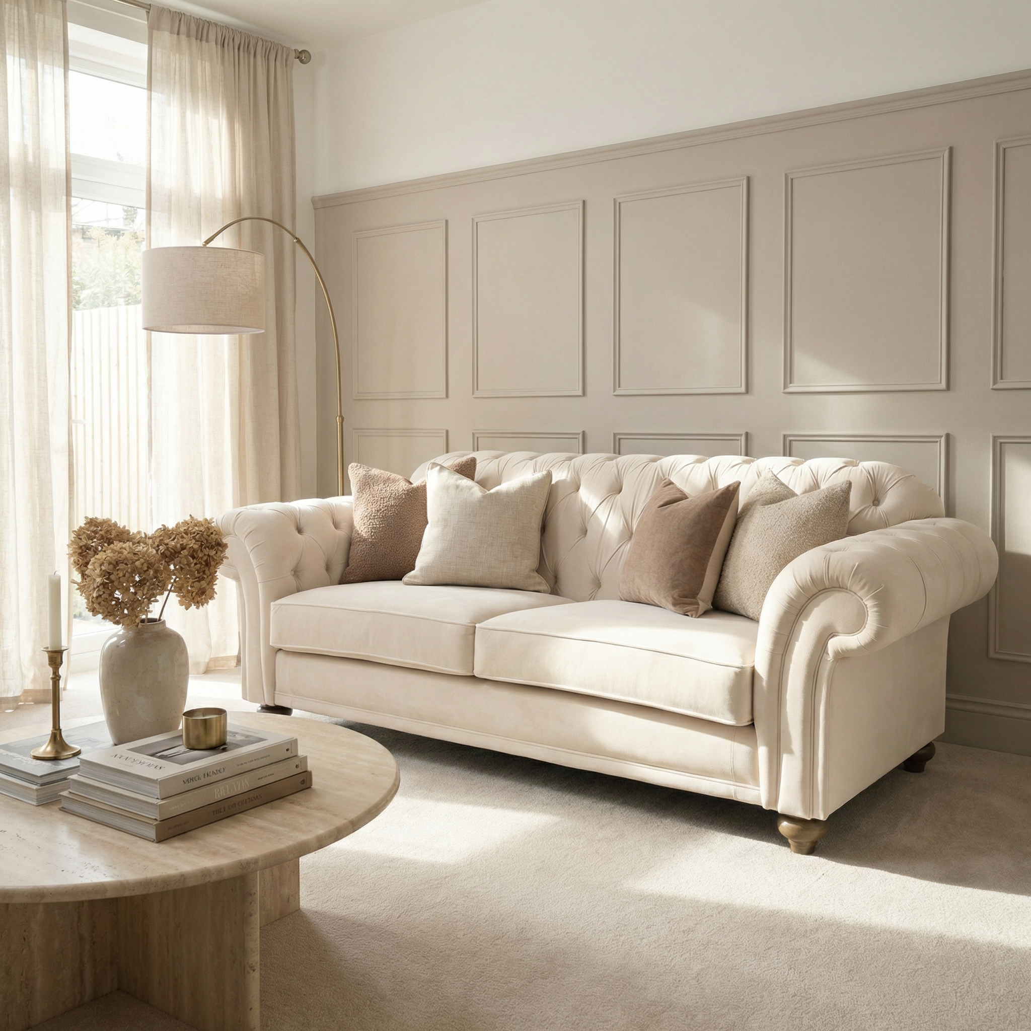 The Chesterfield 3 Seat Velvet Sofa in Cream with neutral cushions sits in an elegant living room with panelled walls, soft natural light, and hand-finished upholstery.