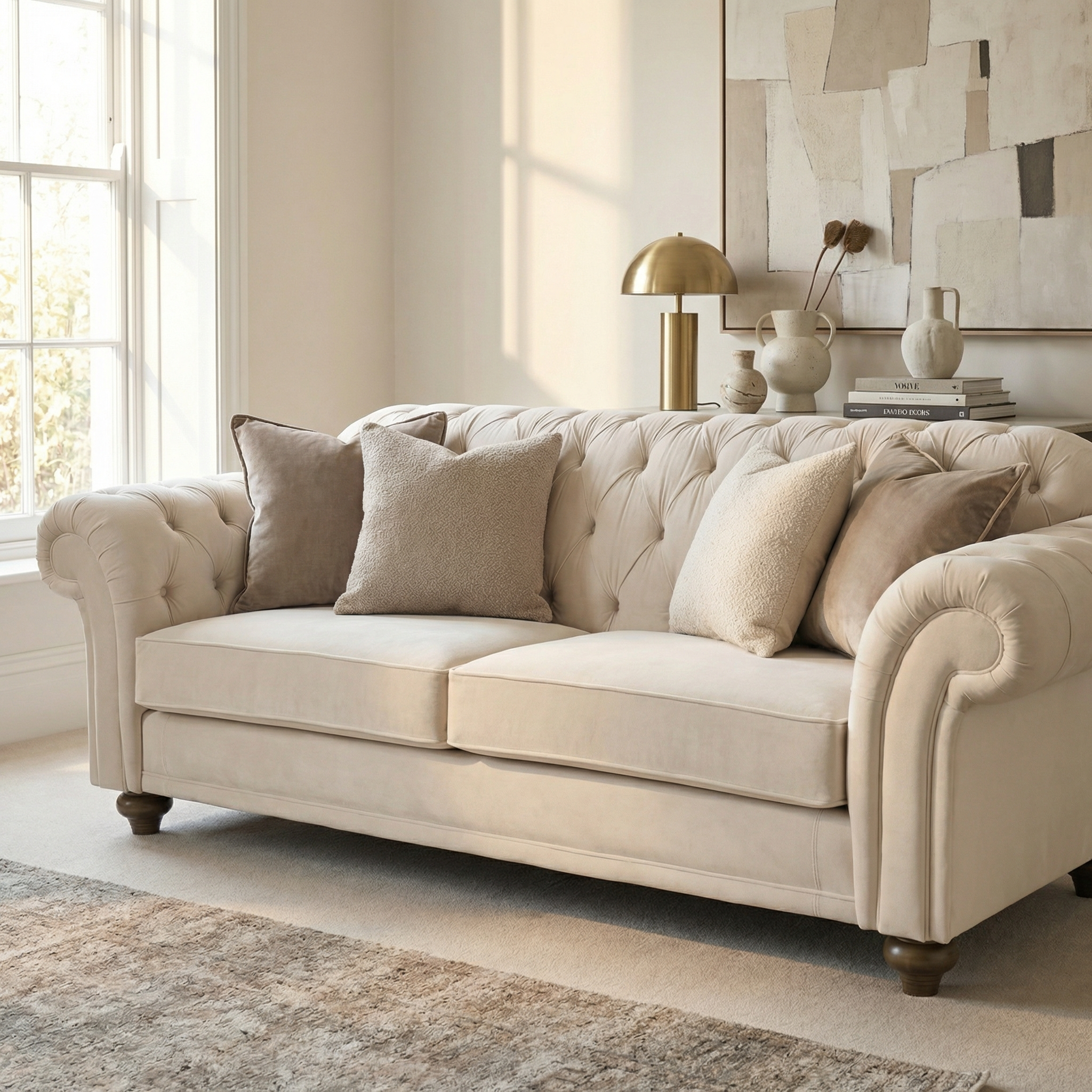 A Chesterfield 3 Seat Velvet Sofa in Cream with hand-finished upholstery and neutral pillows sits in a bright, modern living room decorated with abstract art and decor.
