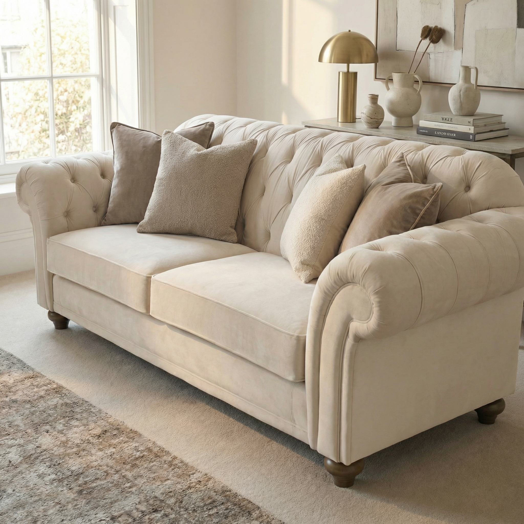The Chesterfield 3 Seat Velvet Sofa in Cream features hand-finished upholstery and neutral pillows, adding elegance to a bright, modern living room.