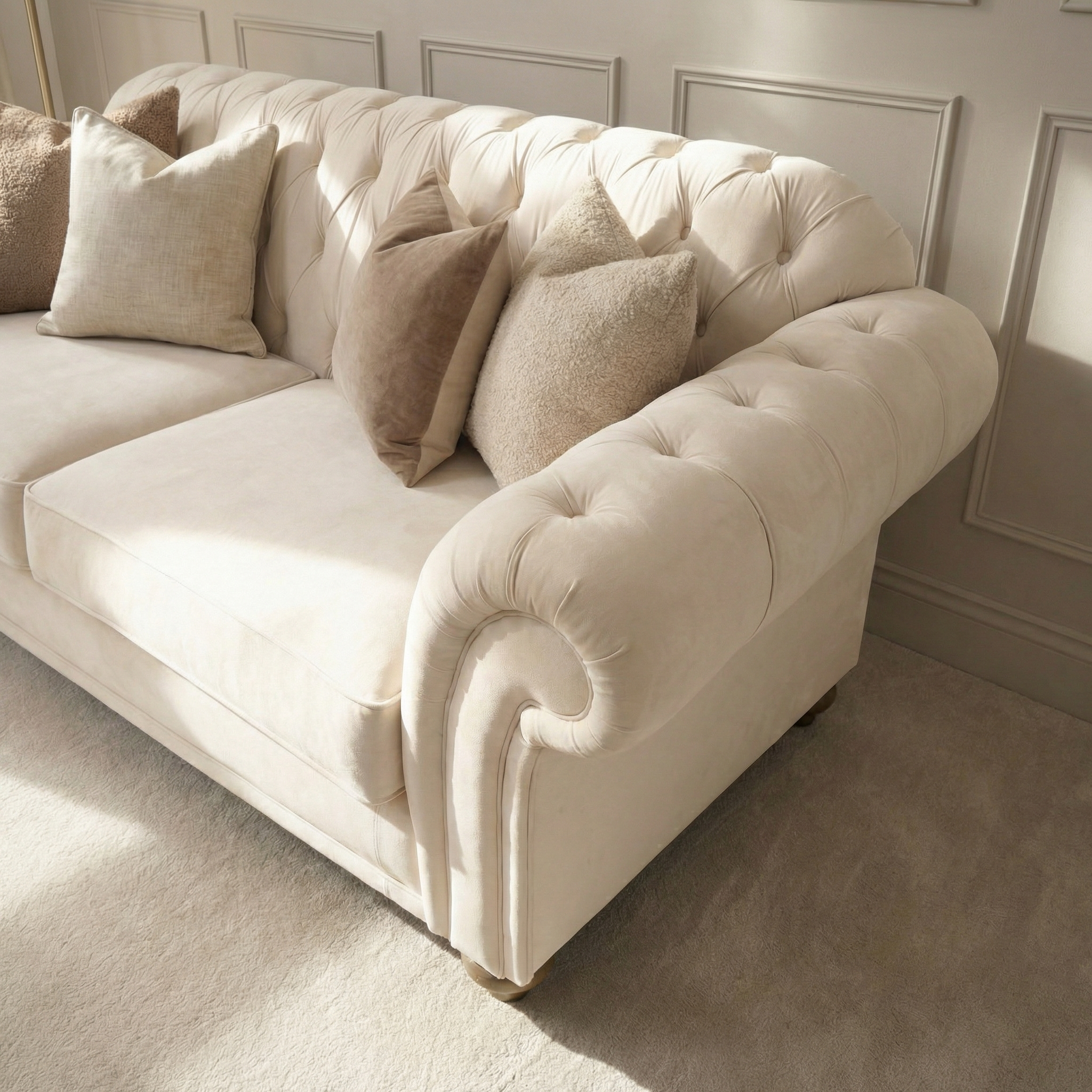 The Chesterfield 3 Seat Velvet Sofa in Cream features hand-finished upholstery and neutral throw pillows, adding elegance to a sunlit living room with panelled walls.