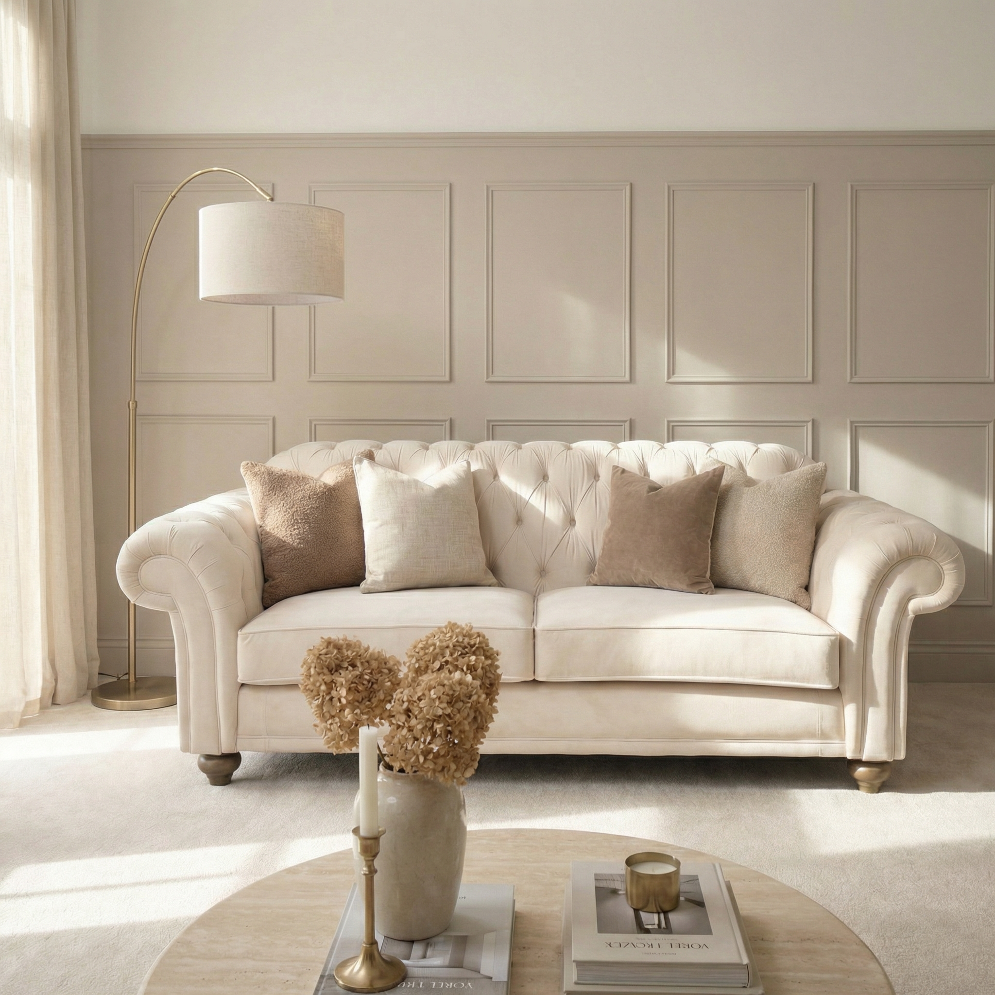 Chesterfield 3 Seat Velvet Sofa in Cream with neutral throw pillows, hand-finished upholstery, a floor lamp, and a coffee table with decor in a cozy living room.