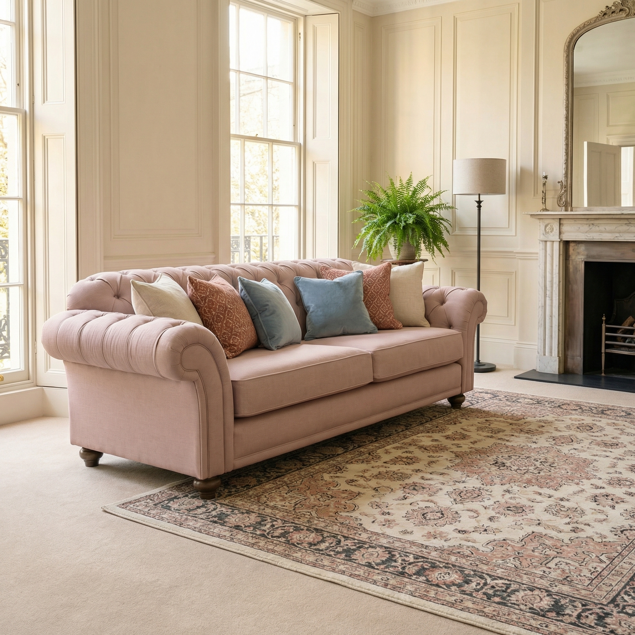 A Chesterfield 3 Seat Sofa in Dusky Pink with assorted cushions sits on a patterned rug in a bright, elegant living room.