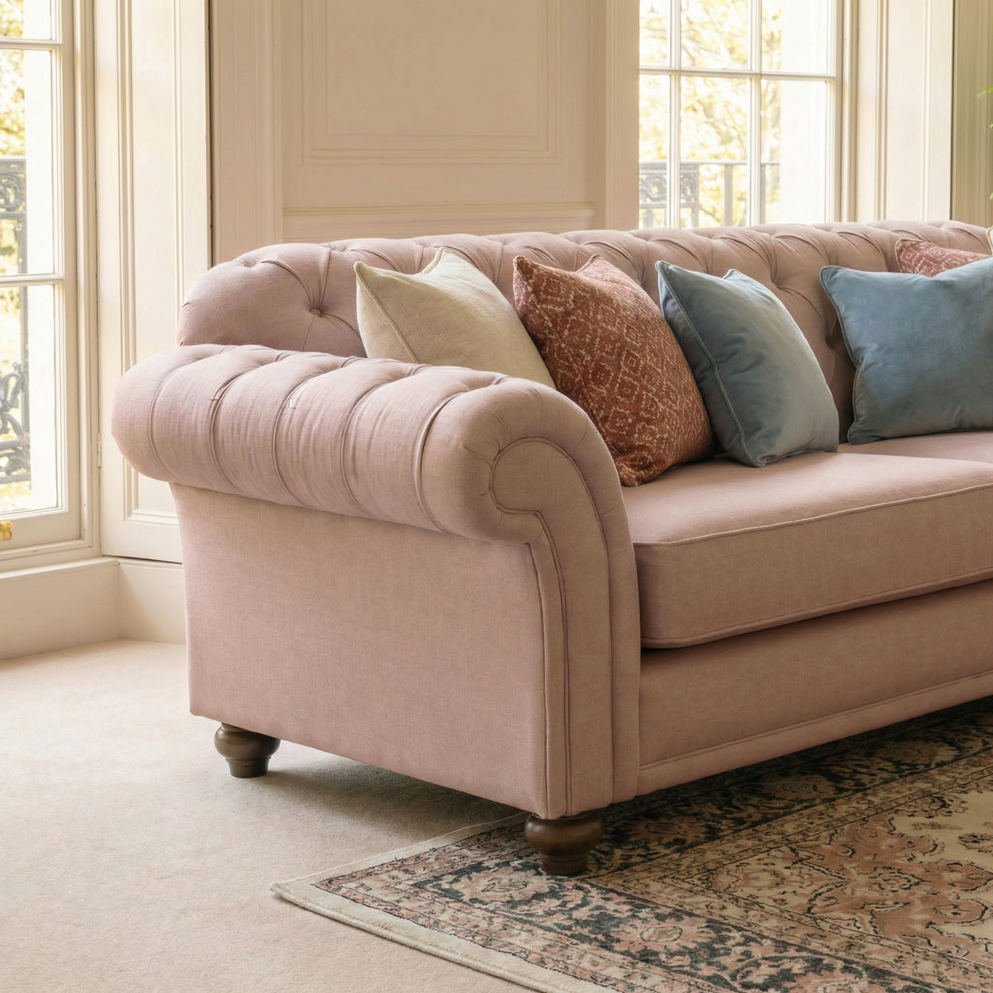 The Chesterfield 3 Seat Sofa in Dusky Pink, featuring tufted details and assorted cushions, is placed on a rug in a bright room with large windows.