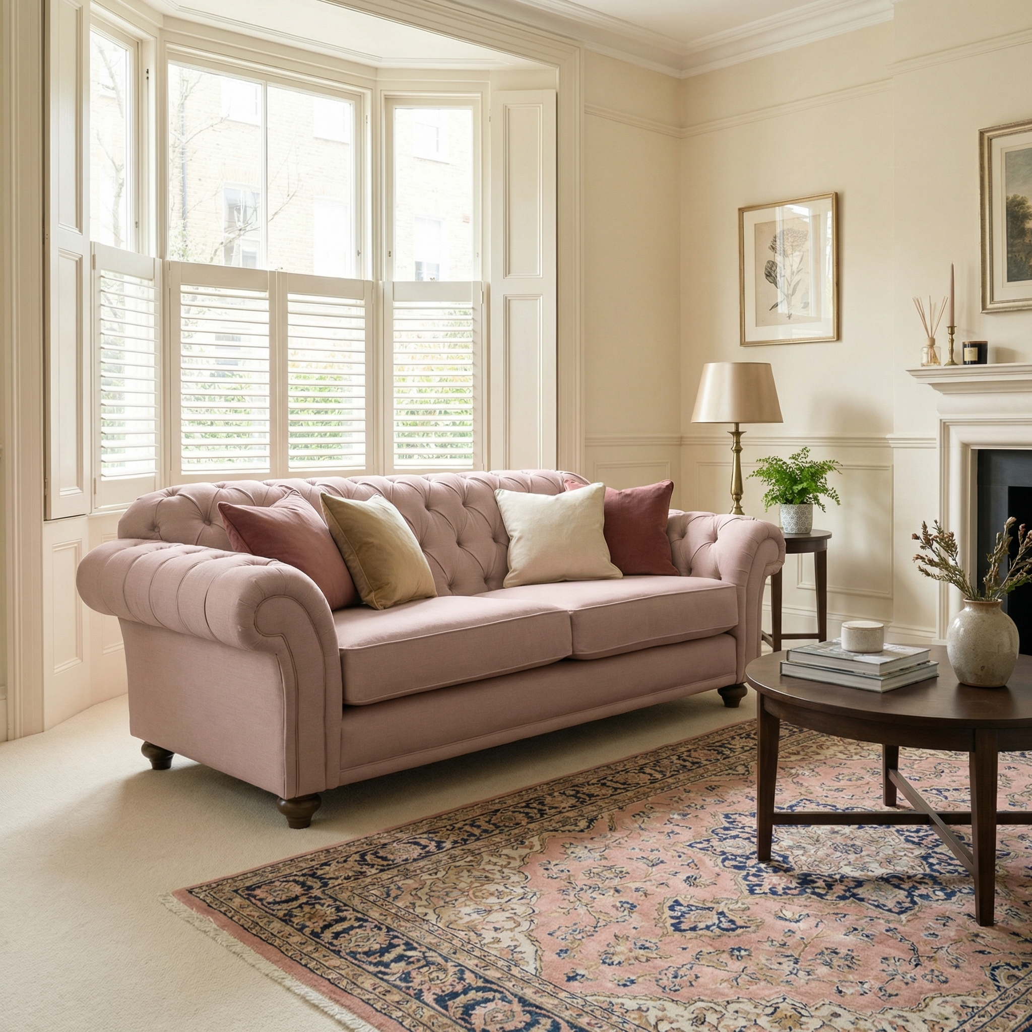 A Chesterfield 3 Seat Sofa in Dusky Pink with cushions sits in a bright, elegant living room with a rug, coffee table, and large bay window.