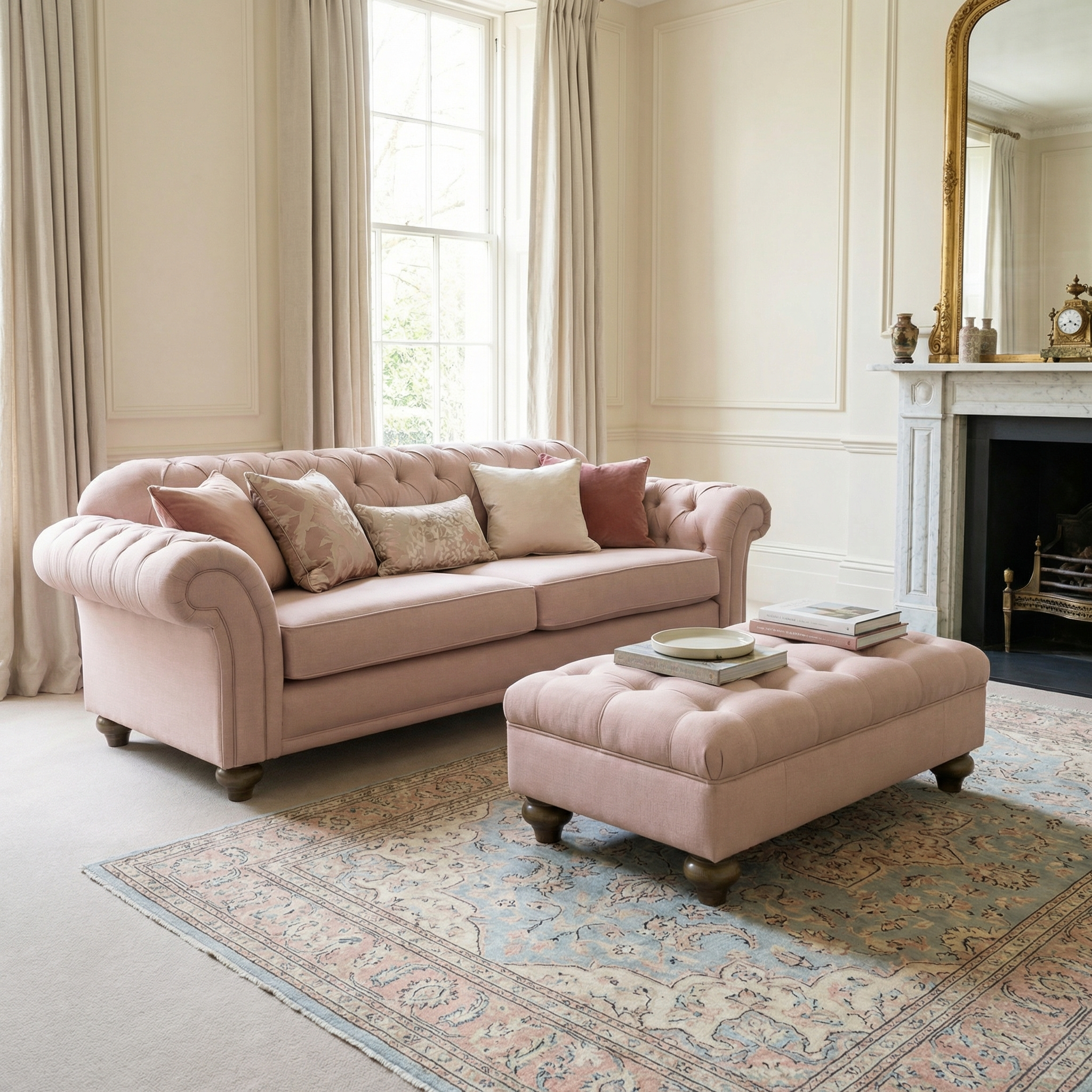 The Chesterfield 3 Seat Sofa in Dusky Pink sits gracefully in a bright, elegant living room featuring a large rug and a cozy fireplace.