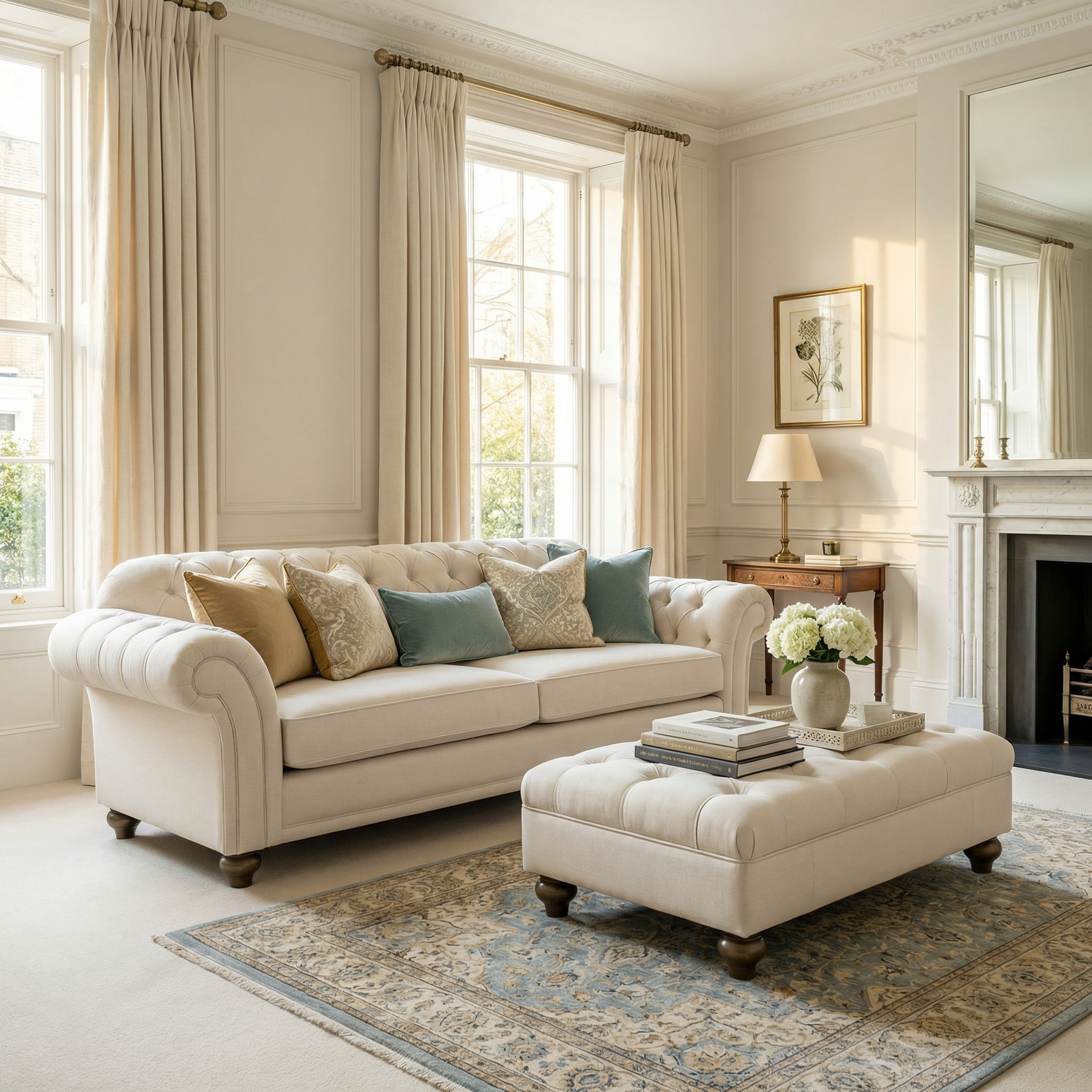 Elegant living room with a Chesterfield 3 Seat Sofa in Ivory, ottoman, floral rug, large windows, and a decorated fireplace crafted from sustainably sourced wood.