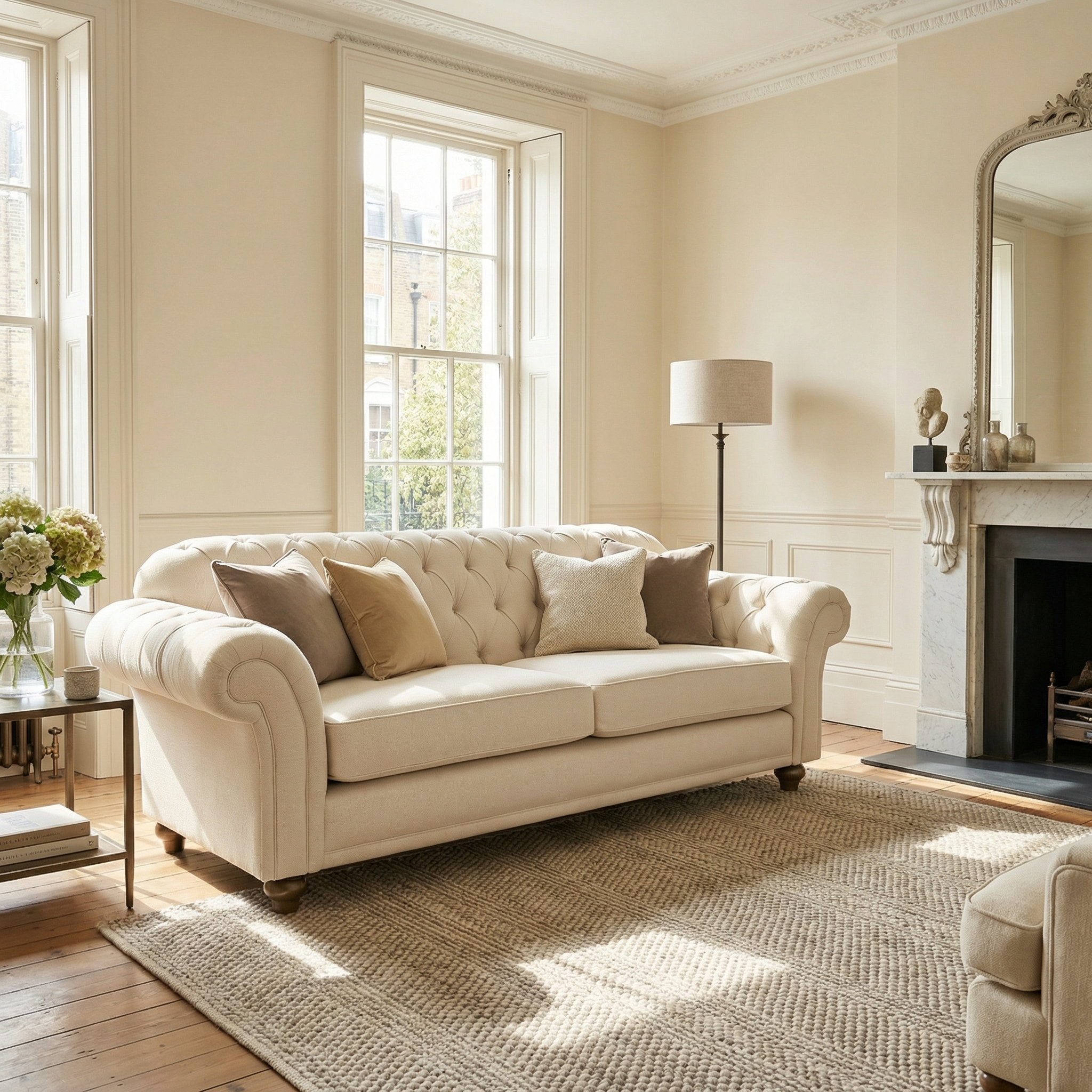 Bright living room featuring a hand-finished Chesterfield 3 Seat Sofa in Ivory, neutral pillows, large windows, and a fireplace with a mirror above.
