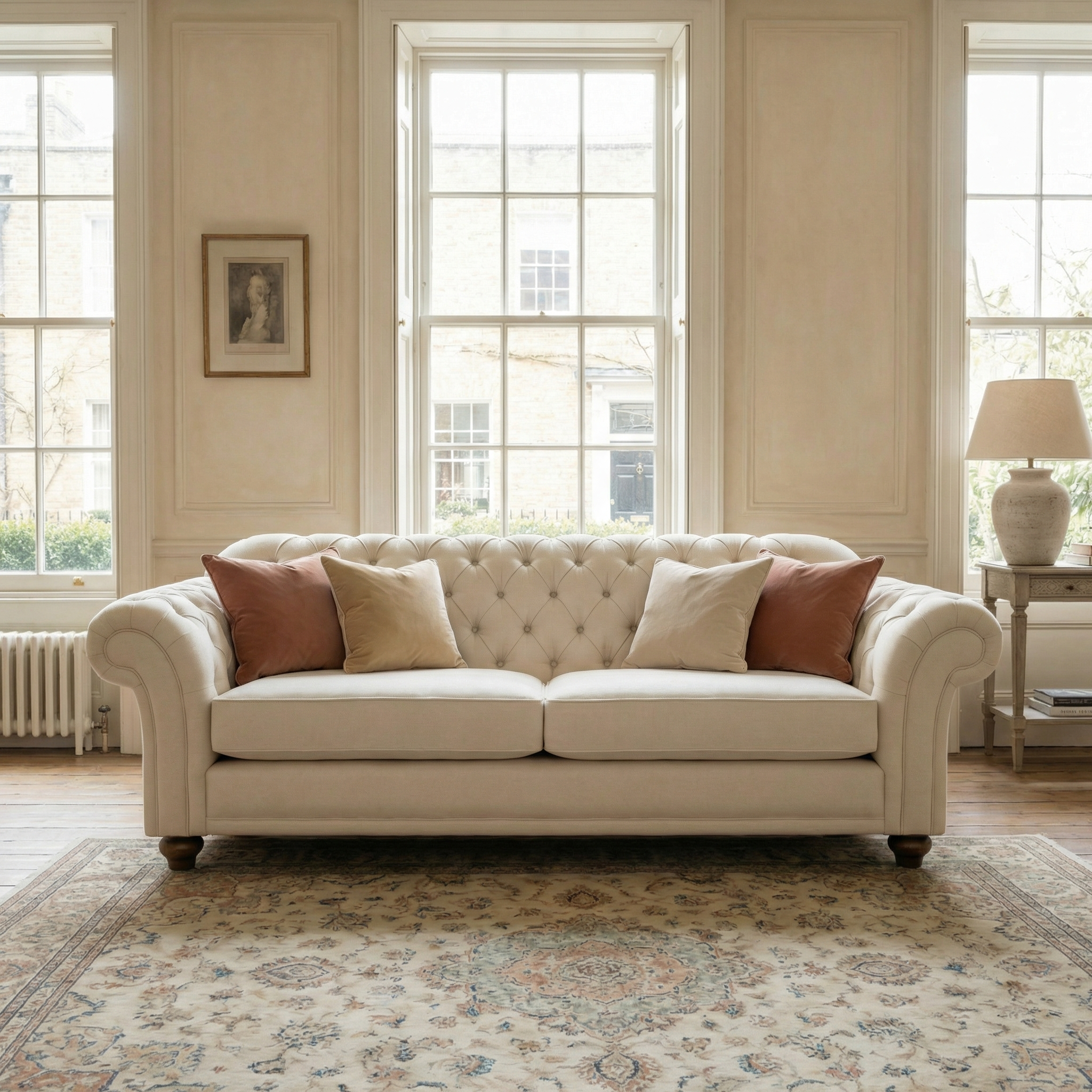 Ivory Chesterfield 3 Seat Sofa with beige and blush pillows in a bright, elegant living room with large windows, a patterned rug, and accents of sustainably sourced wood.