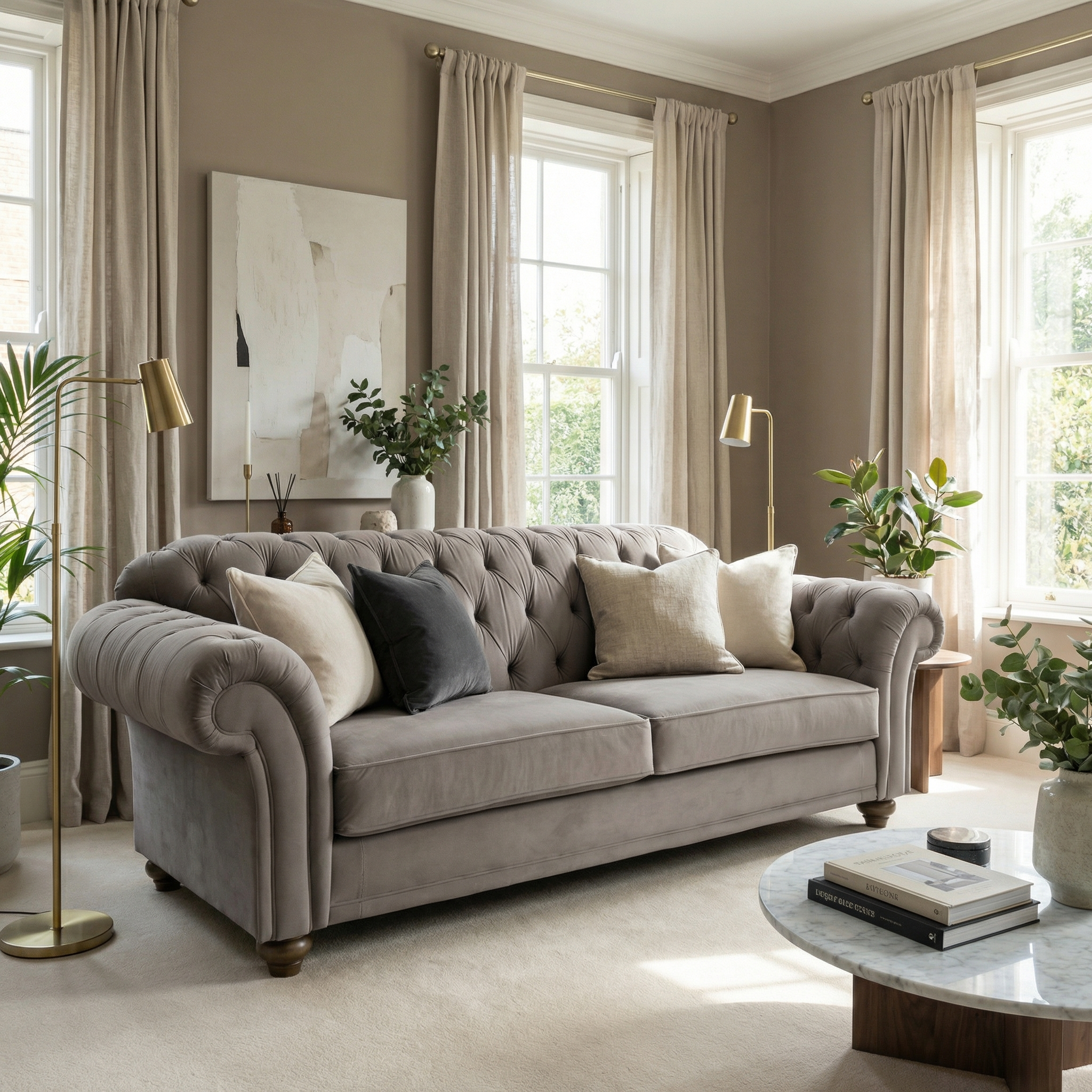 Elegant living room featuring the Chesterfield 3 Seat Velvet Sofa in Mink, neutral pillows, houseplants, and large windows with beige curtains.