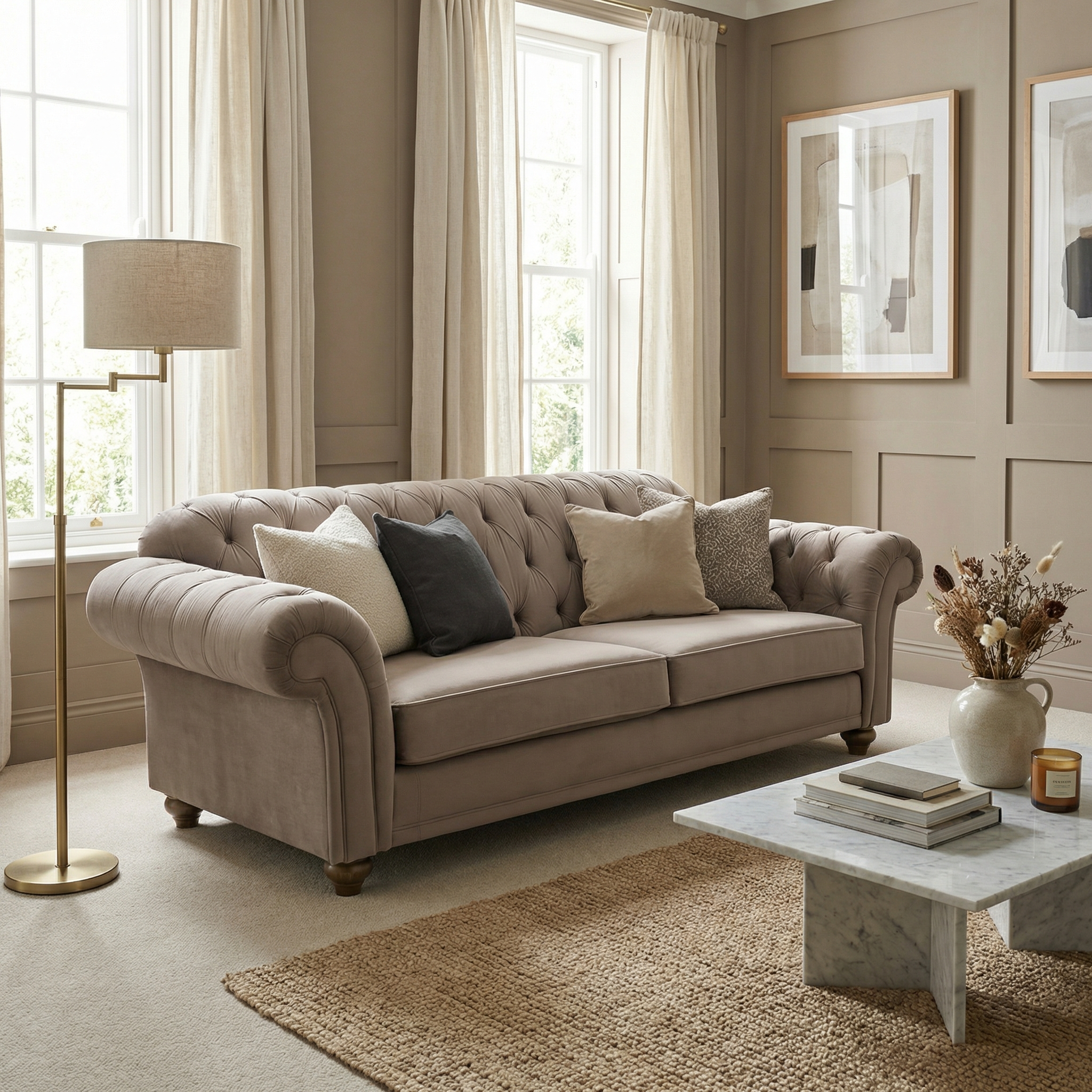 A Chesterfield 3 Seat Velvet Sofa in Mink with assorted pillows sits in a bright, elegant living room featuring neutral decor.