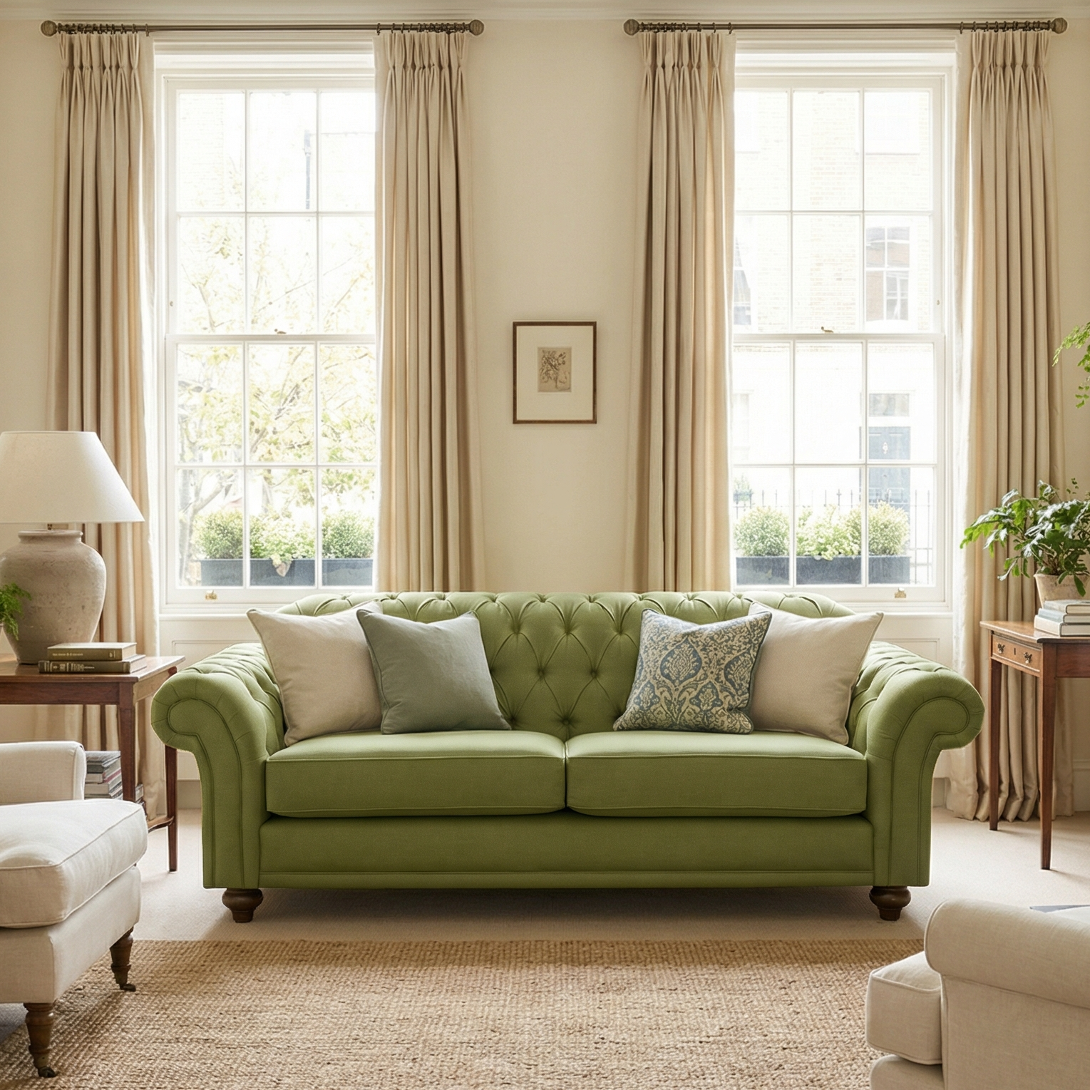 An olive Chesterfield Large 3 Seat Sofa with hand-finished upholstery and cushions is positioned between two large windows in a bright, elegant living room.