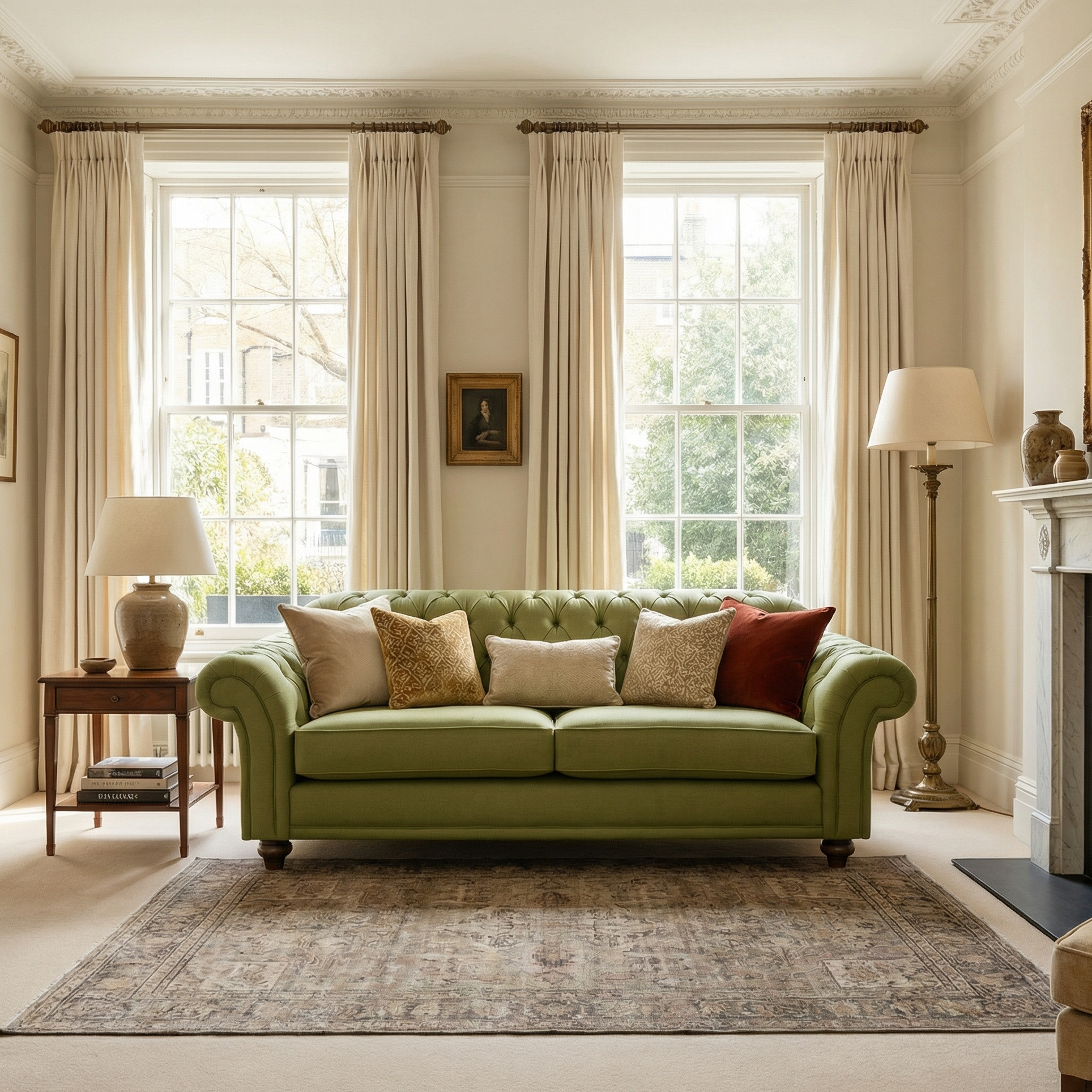 The Chesterfield Large 3 Seat Sofa in Olive, with hand-finished upholstery and soft cushions, sits in a bright living room flanked by tall windows dressed in cream curtains.