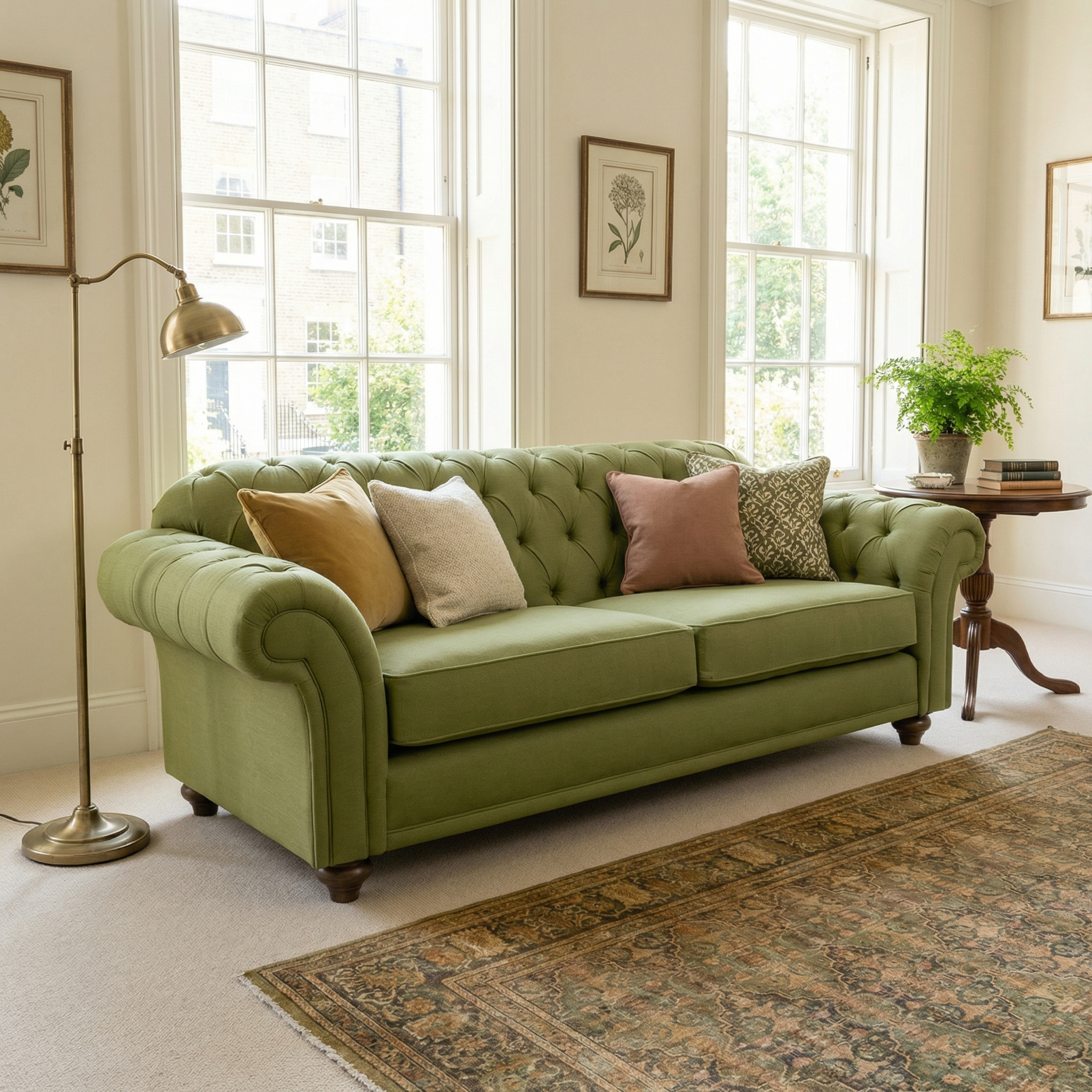 The Chesterfield Large 3 Seat Sofa in Olive features hand-finished upholstery and assorted pillows, adding style to a bright living room with windows and indoor plants.