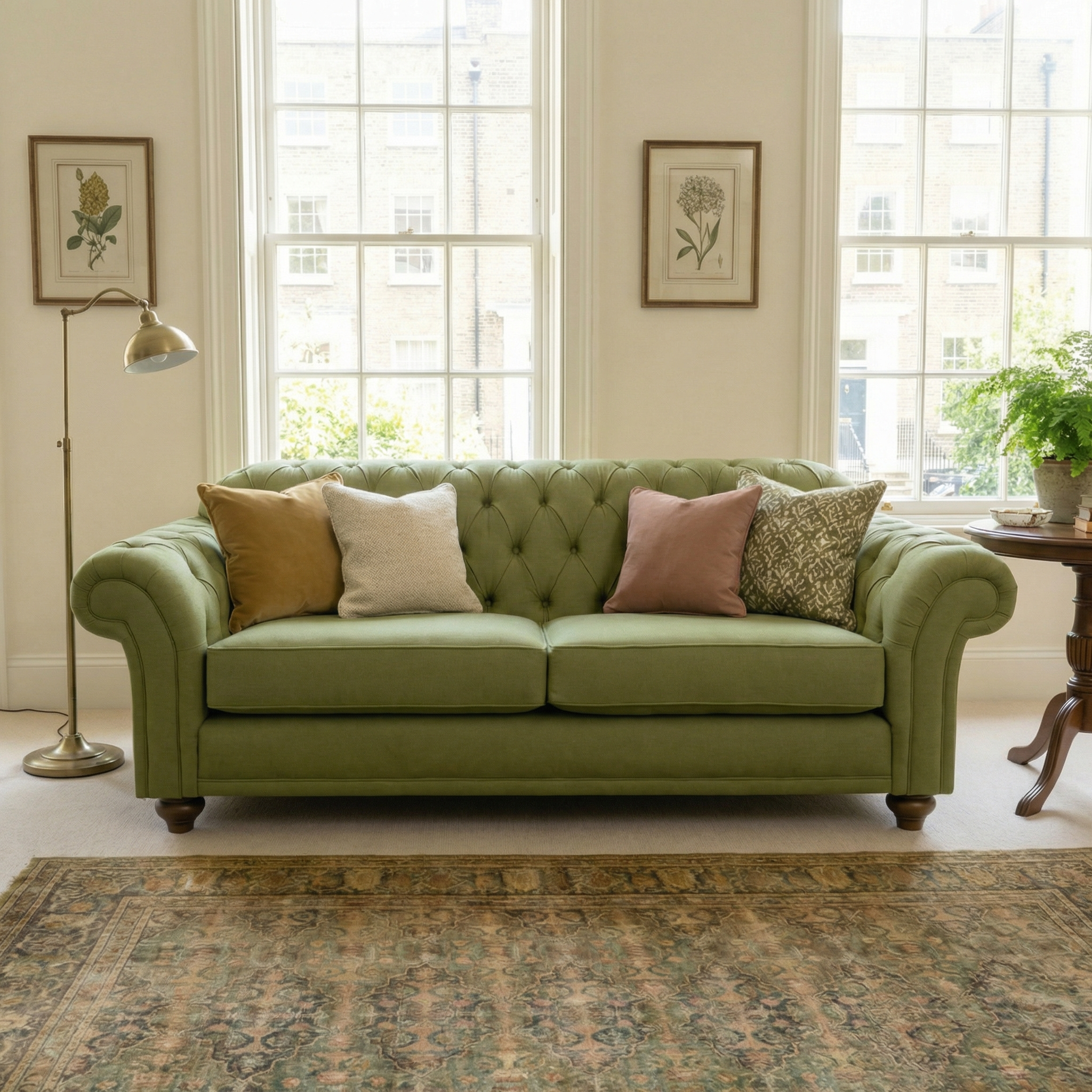 Chesterfield Large 3 Seat Sofa in Olive with hand-finished upholstery and assorted pillows in a bright living room with large windows and framed botanical prints.