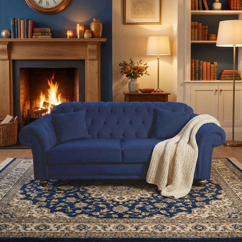 The Chesterfield 3 Seat Velvet Sofa in Royal Blue, paired with a throw blanket, brings warmth and invites comfort to the cozy living room alongside a glowing fireplace and elegant lamps.